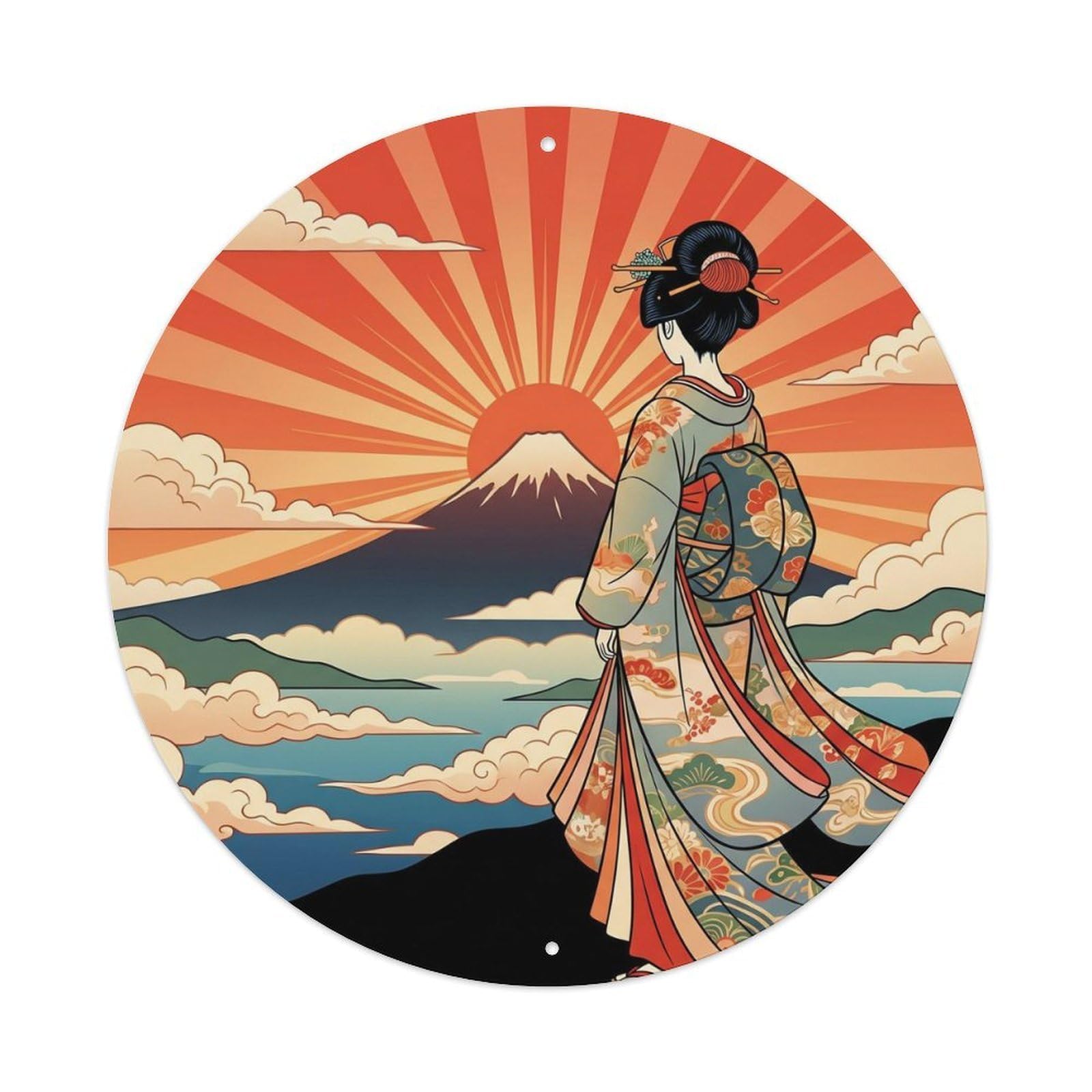 Tgrcjimh Style Metal Tin Sign Japanese Fuji Sunrise Rays Geisha Observing