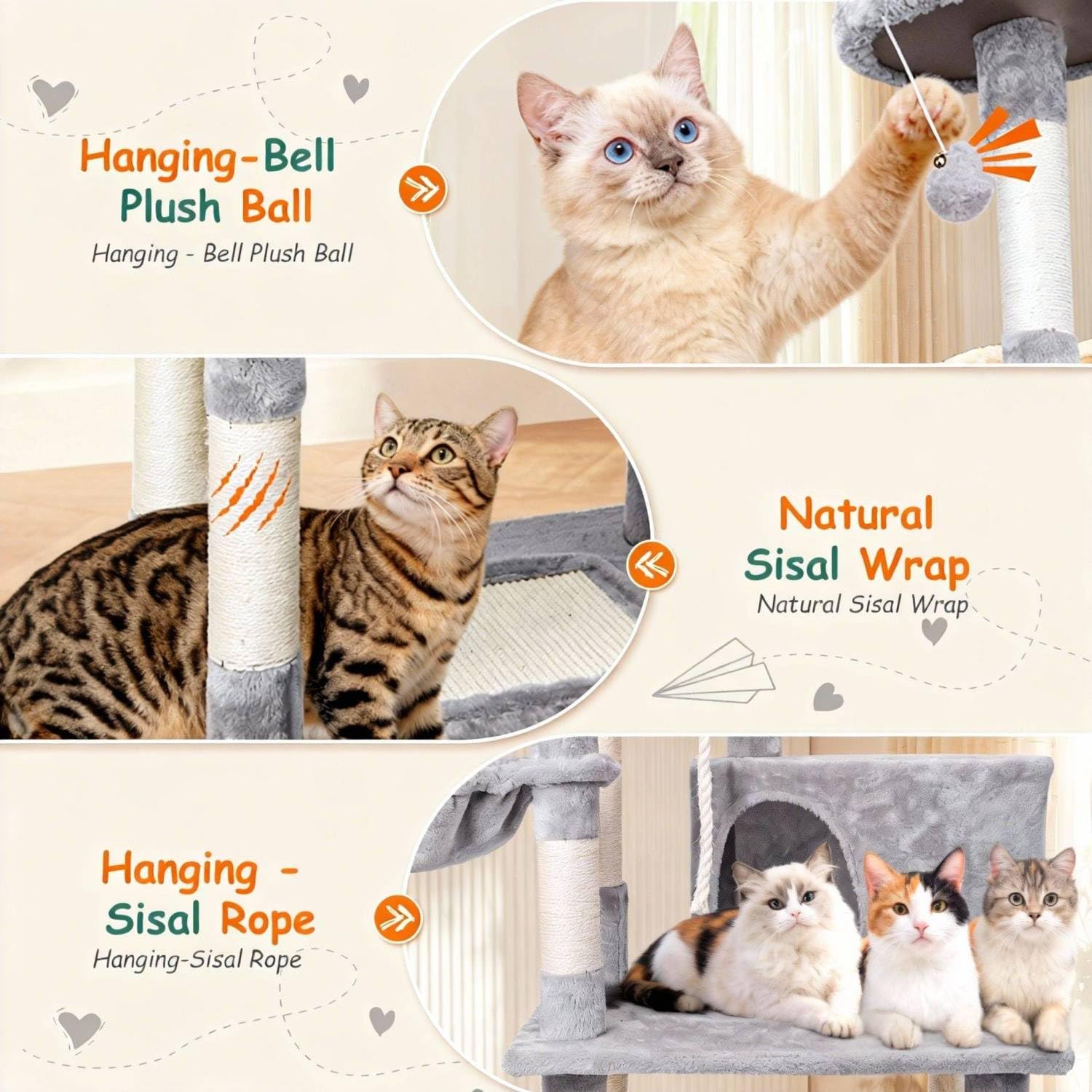 Nobleza Tiragraffi per Gatti Adulti148 cm, Tiragraffi con Amaca, 9 Pali Sisal, 2 Piattaforme, Pompon e Cuscino, Gioco per Gatti Adulti, Grigio