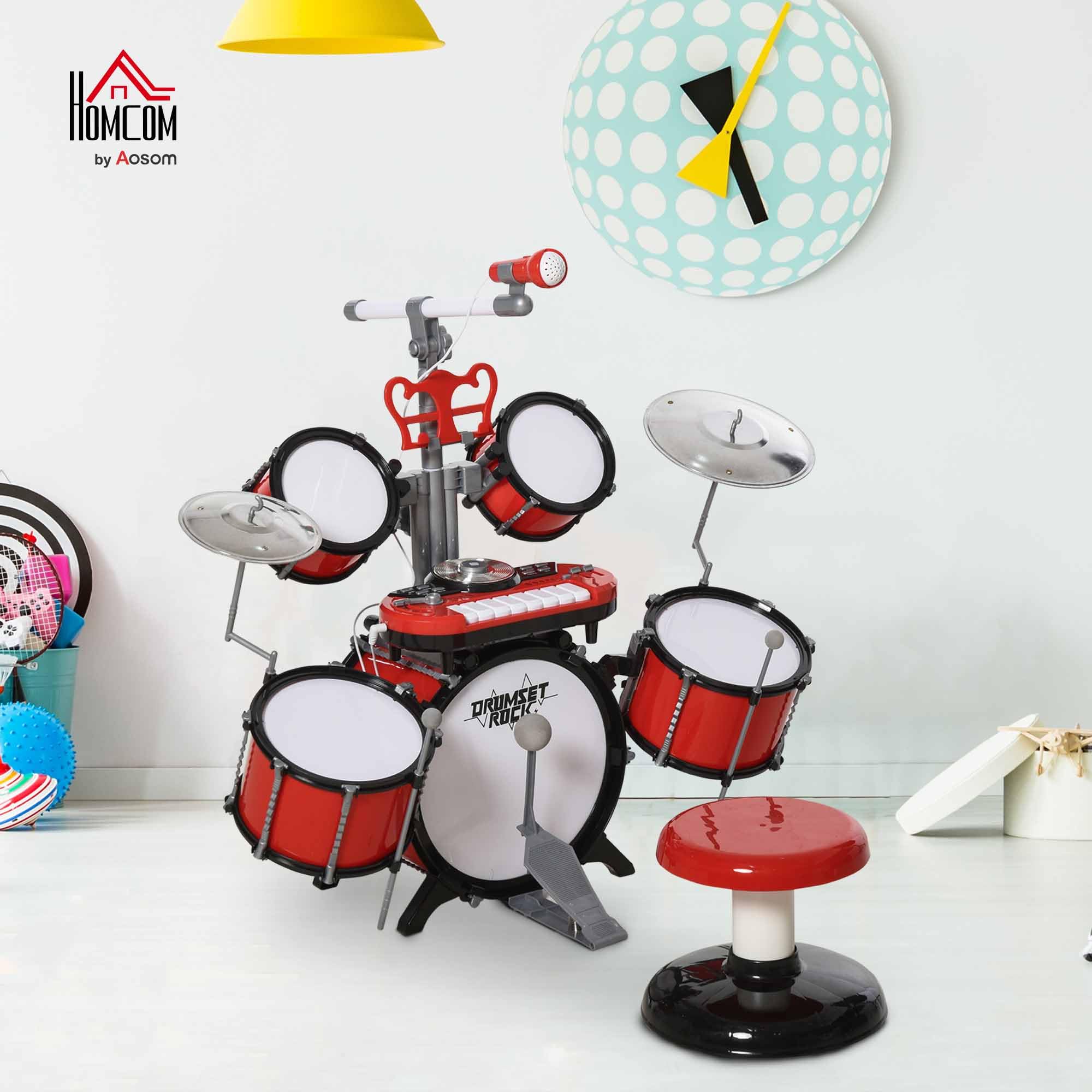 HOMCOM Batería Infantil con Taburete, Jazz Batería Infantil con 4 Tambores, Micrófono, Platos, Baquetas Teclado, Instrumento Musical para Niños +3 Años, Rojo