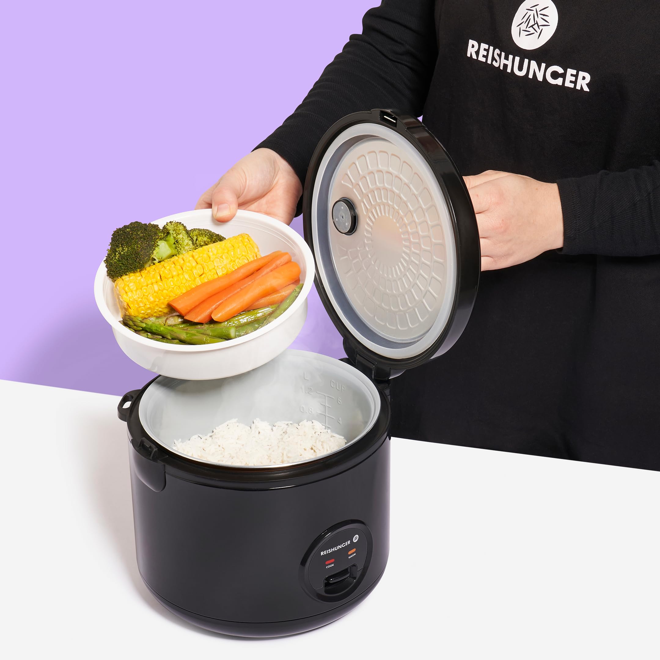 REISHUNGER Reiskocher Dampfgarer Keramikbeschichtung 1,2L Schwarz Warmhaltefunktion Dämpfeinsatz