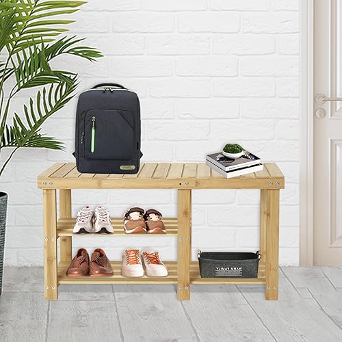 Miniatura 6 de Babion Zapatero de 3 niveles para entrada, almacenamiento de zapatos de bambú, estante de almacenamiento de zapatos, estante de almacenamiento de