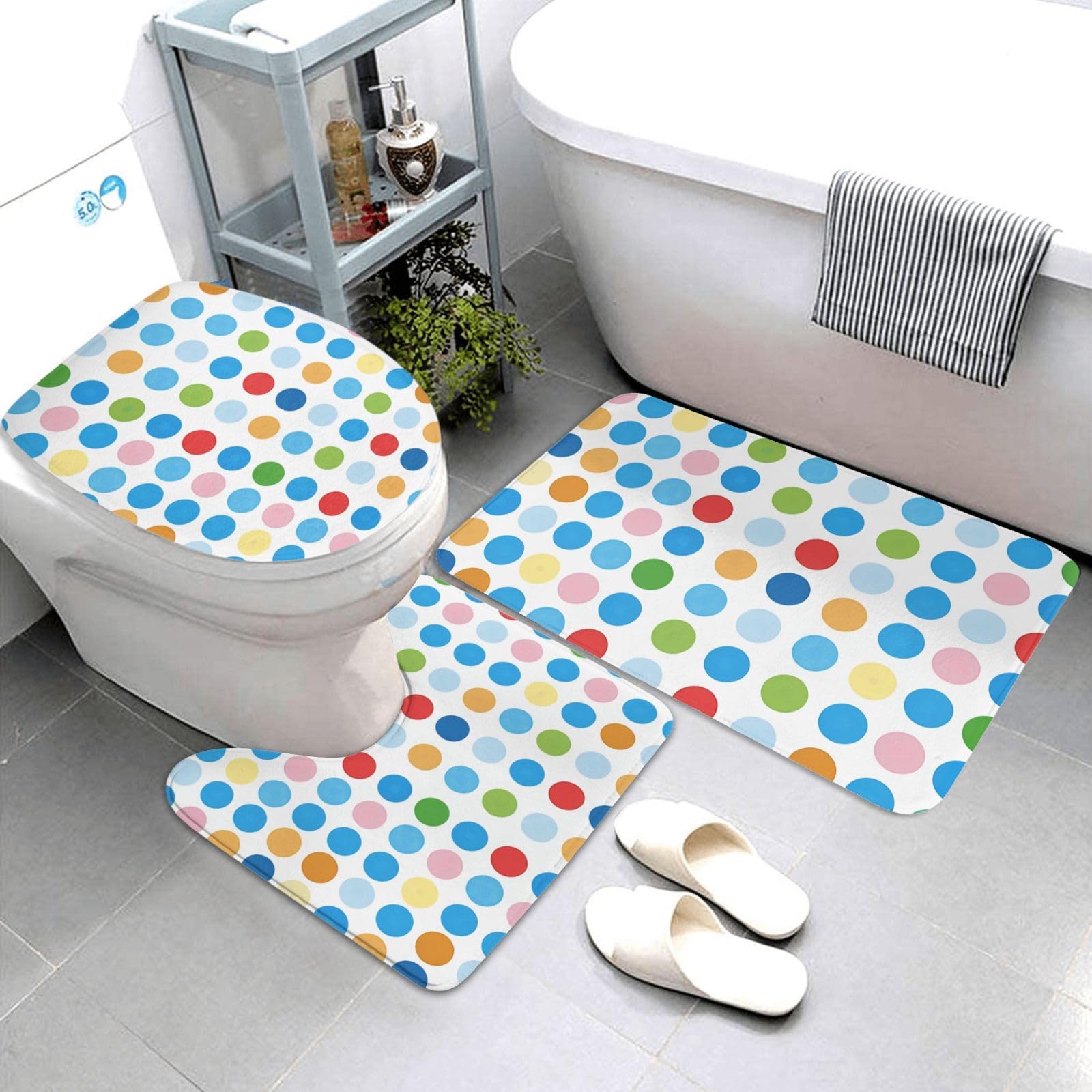 Lot de 3 tapis de bain antidérapants et absorbants en flanelle avec motif à pois bleus