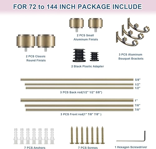 Miniatura 5 de Barras de cortina dobles con soportes de aluminio y remates, barras de cortina doradas para ventanas de 72 a 144 pulgadas, 1 pulgada delantera y 58