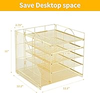 Vista 4 de Desk Organizers and Accessories, 5-Tier Paper Letter Tray Organizer with File Holder, Desktop Organizer for Office Supplies (Gold)