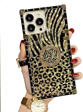 for iPhone XR 6.1" Trunk Case,Luxury for Women Girls Box Design Gold Glitter Bling Cute Leopard Pattern Soft Cover with Finger Ring Grip Kickstand Phone Skin