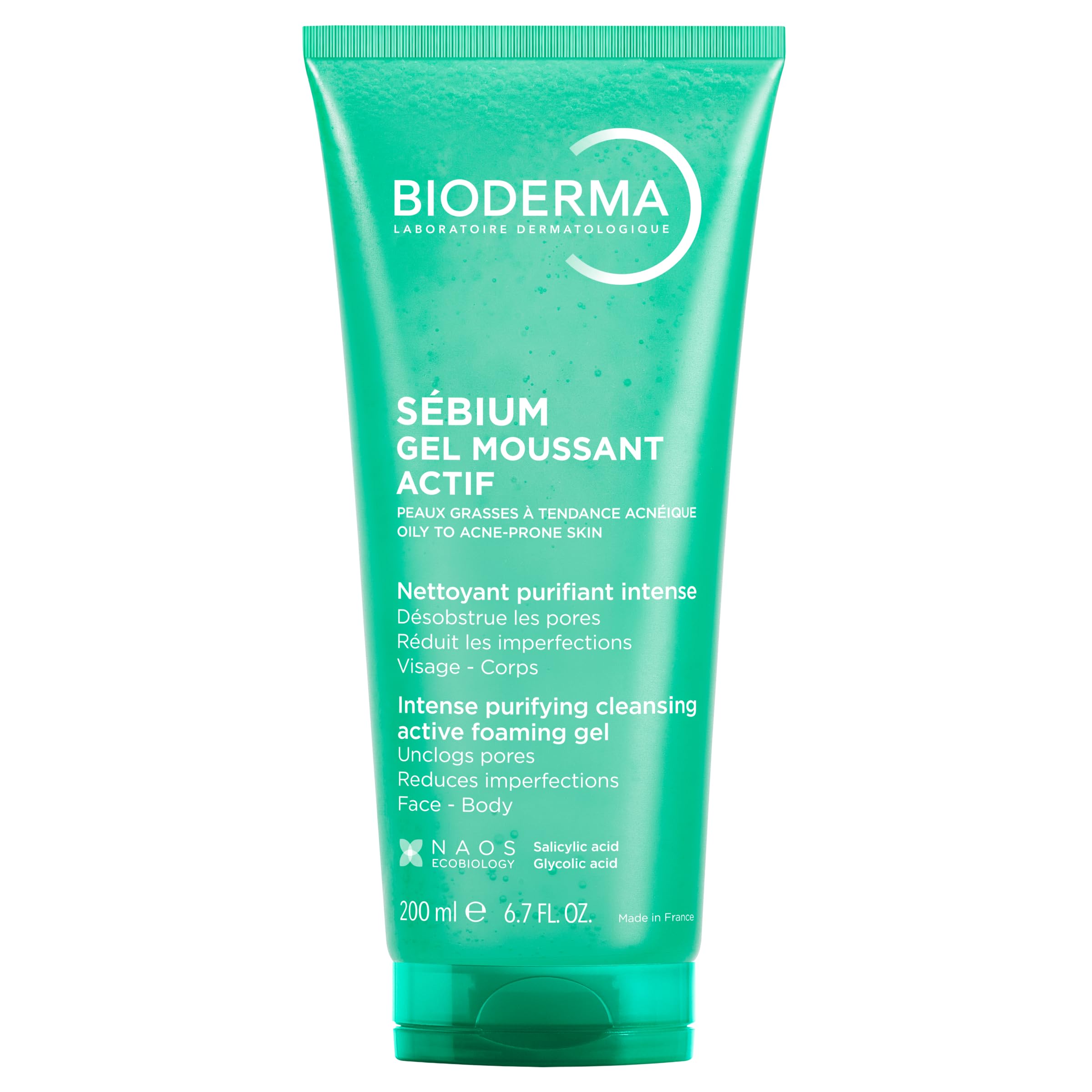 Bioderma Sebium Gel Moussant Actif Intense Purifying Cleansing Foaming Gel with Salicylic & Glycolic acid |Oily and Acne-Prone Skin, 200ml
