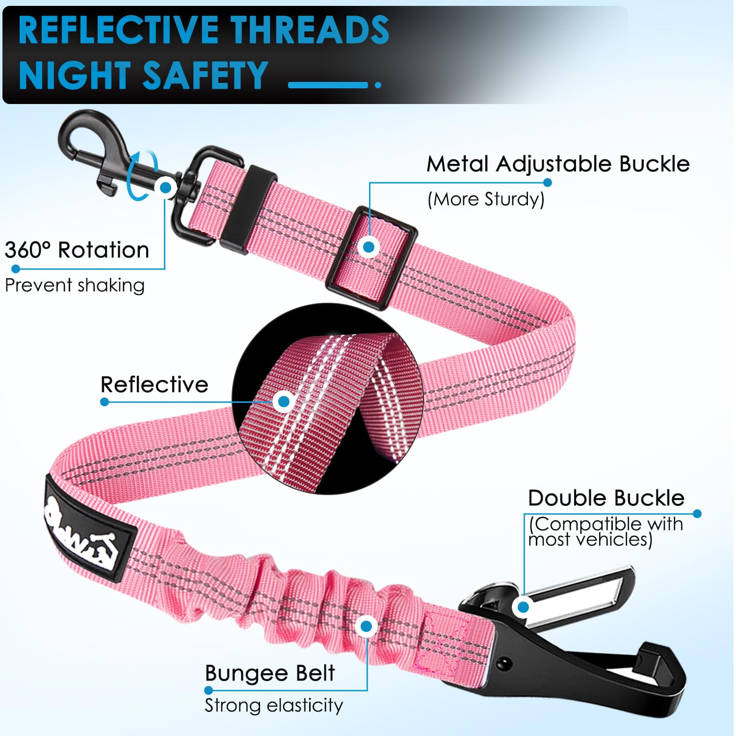 Lukovee Dog Seatbelt Leash for Cars, 2 Pack Pet Safety Seat Belt with Adjustable Buckle & Reflective Bungee, Connect Dog Harness in Vehicle Dogs Restraint Travel Daily Use (Pink) - image 2