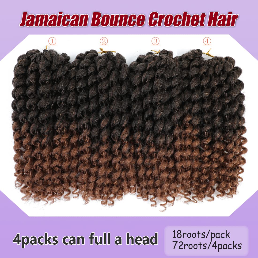 Short Jamaican Bounce Curly Crochet Hair Extensions Synthetic 4packs/lot Ombre Brown Ocean Wave Crochet Braids For Black Women (12inch (pack of 4), T30)