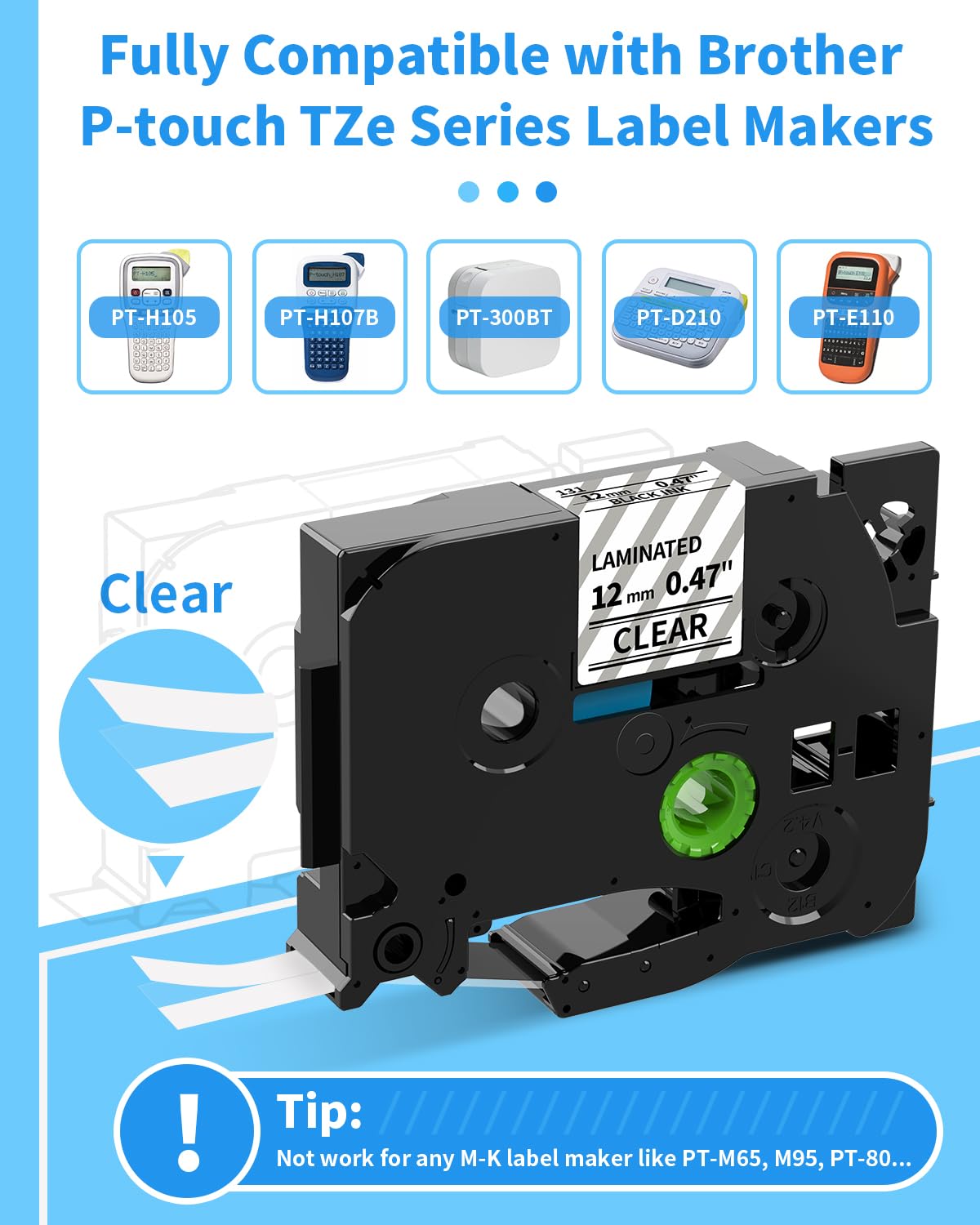 Ruban Remplacement Brother P-touch TZe-131 Transparent 12mm Laminé Cassette Etiqueteuse