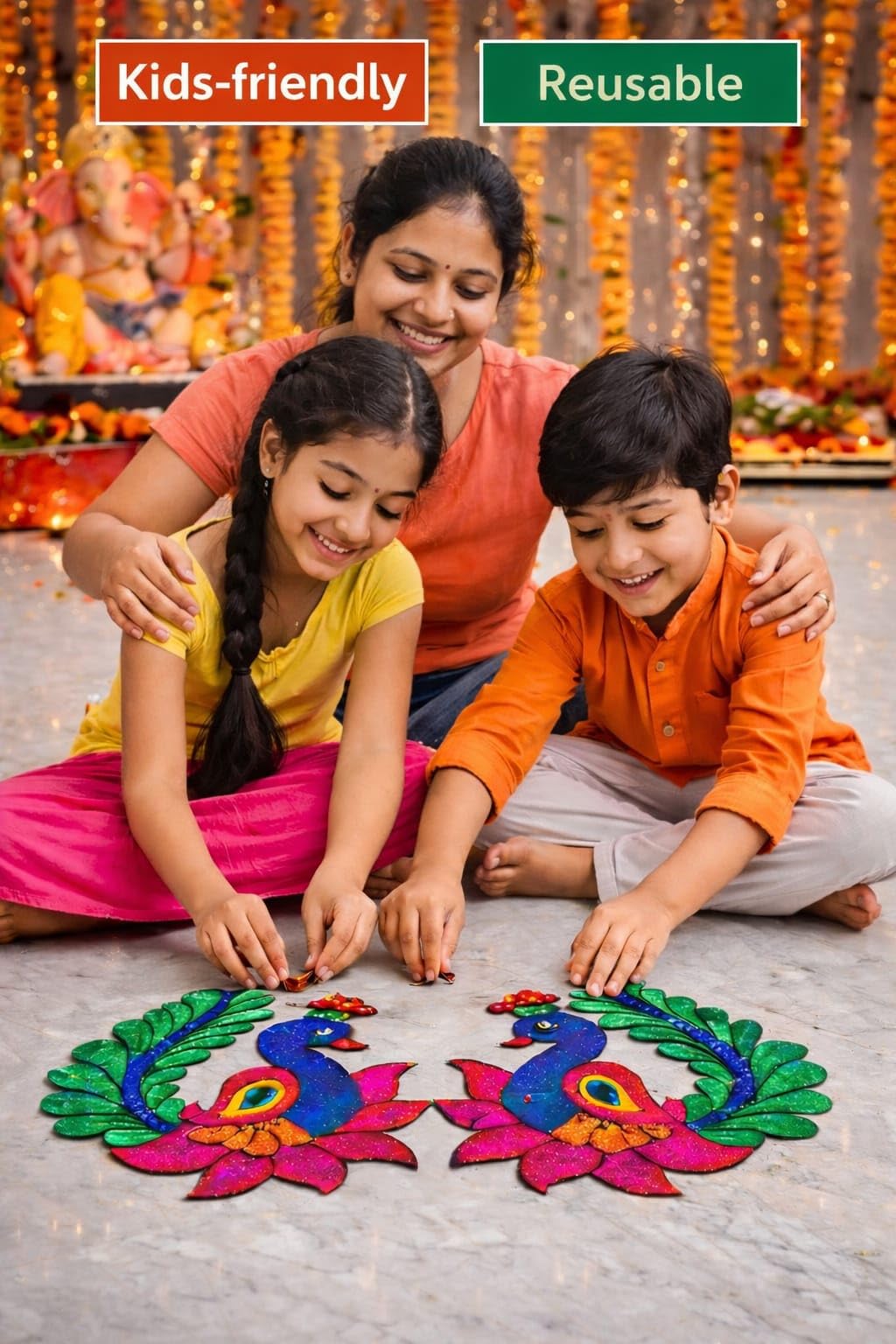 Peacock Design Rangoli Patches, Ready to Use Floor Decor for Festivals and Special Occasions, Colorful Embroidered Peacock with Lotus 1