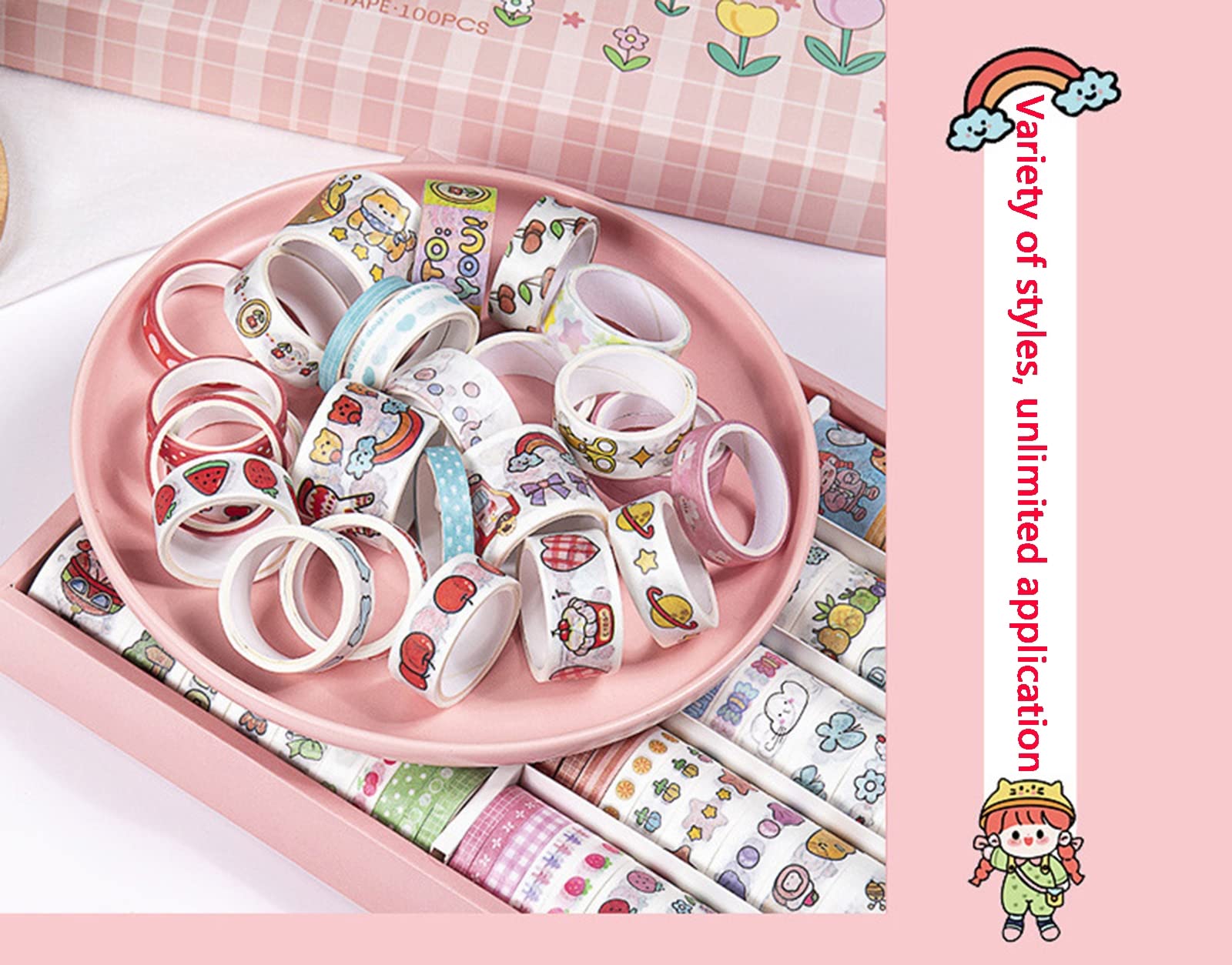Washi Tape, 100 Rollos De Cinta Adhesiva Decorativa Washi Tape, para DIY Manualidades, Revistas, Planificadores, Tarjetas, Scrapbook,Calendario, Diario De La Biblia Y Envoltura De Regalos,A