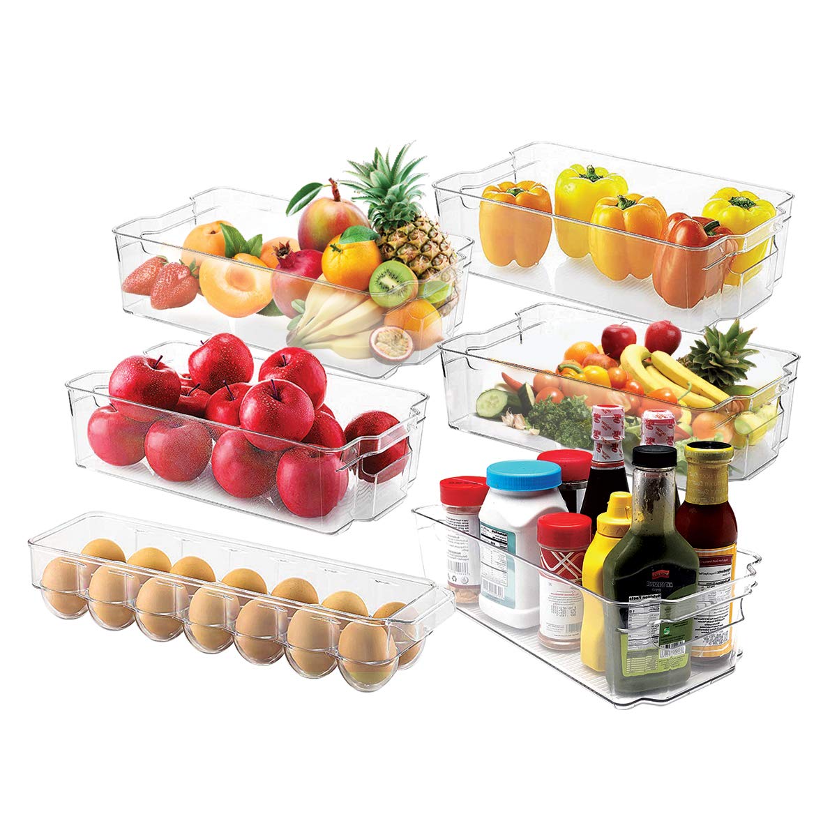Fridge Organizer Set of 6 (5 Drawers & 1 Egg Holding Tray) Clear Plastic Bins For Fridge, BPA Free C