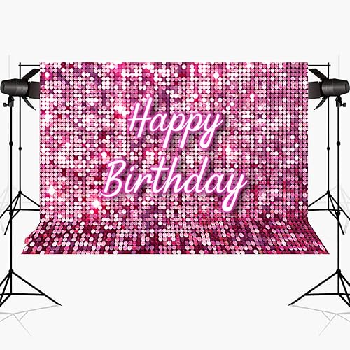 Miniatura 3 de Lofaris Telón de fondo cuadrado rosa para fotografía de feliz cumpleaños, paneles de pared de lentejuelas brillantes para pared de dulces 16 niñas y