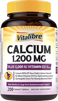 Vitalibre Calcium Supplements for Women - Calcium 1200 mg with Vitamin D3 5000IU, Bone Strength Density, Enhanced Absorption Stomach - Friendly Gentle, No Gluten, No Soy, Non GMO, 200 Coated Tablets