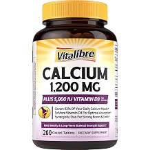 Vitalibre Calcium Supplements for Women - Calcium 1200 mg with Vitamin D3 5000IU, Bone Strength Density, Enhanced Absorption Stomach - Friendly Gentle, No Gluten, No Soy, Non GMO, 200 Coated Tablets