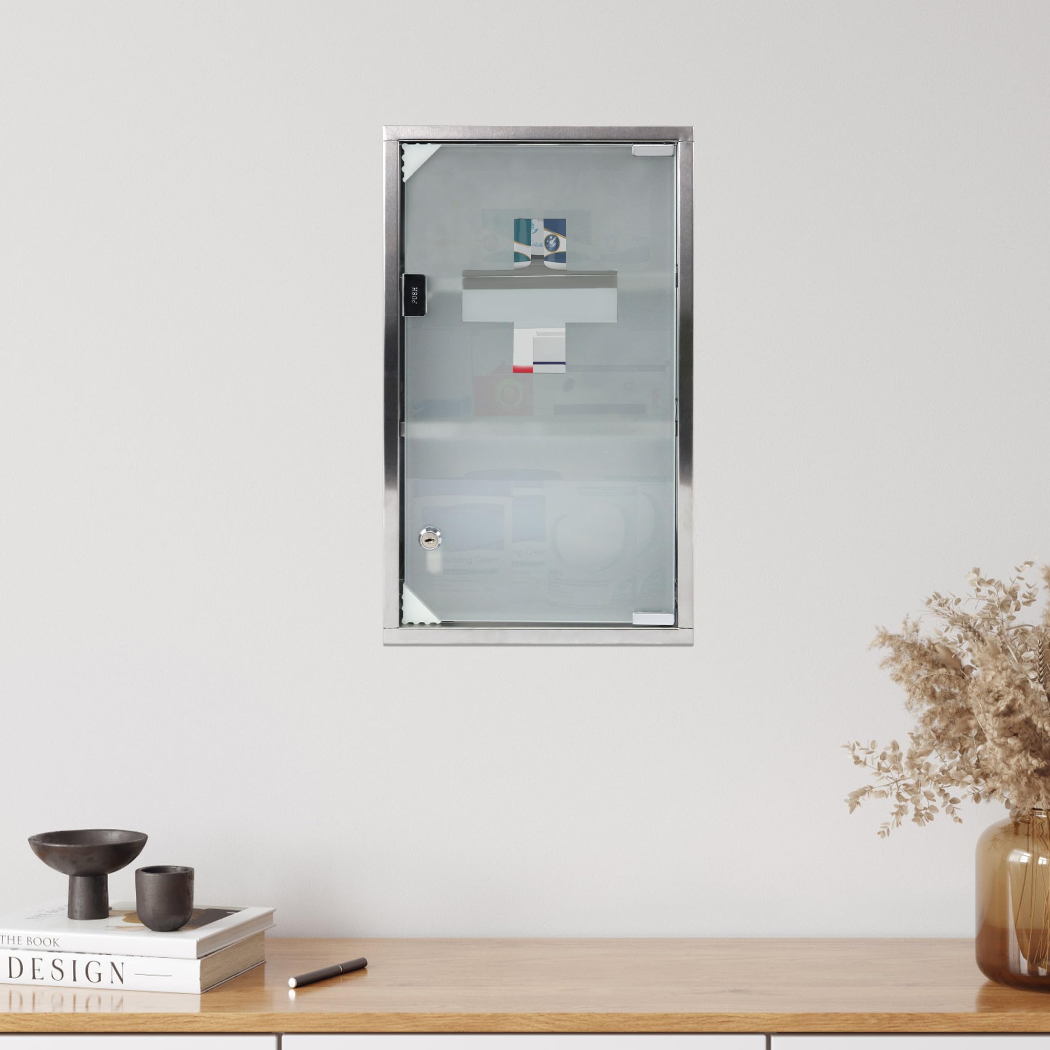 Medizinschrank Apothekerschrank, Abschließbarer Hängeschrank mit Magnetischer Glas Tür, 30x12x50cm (Silber, 3 Fächer)