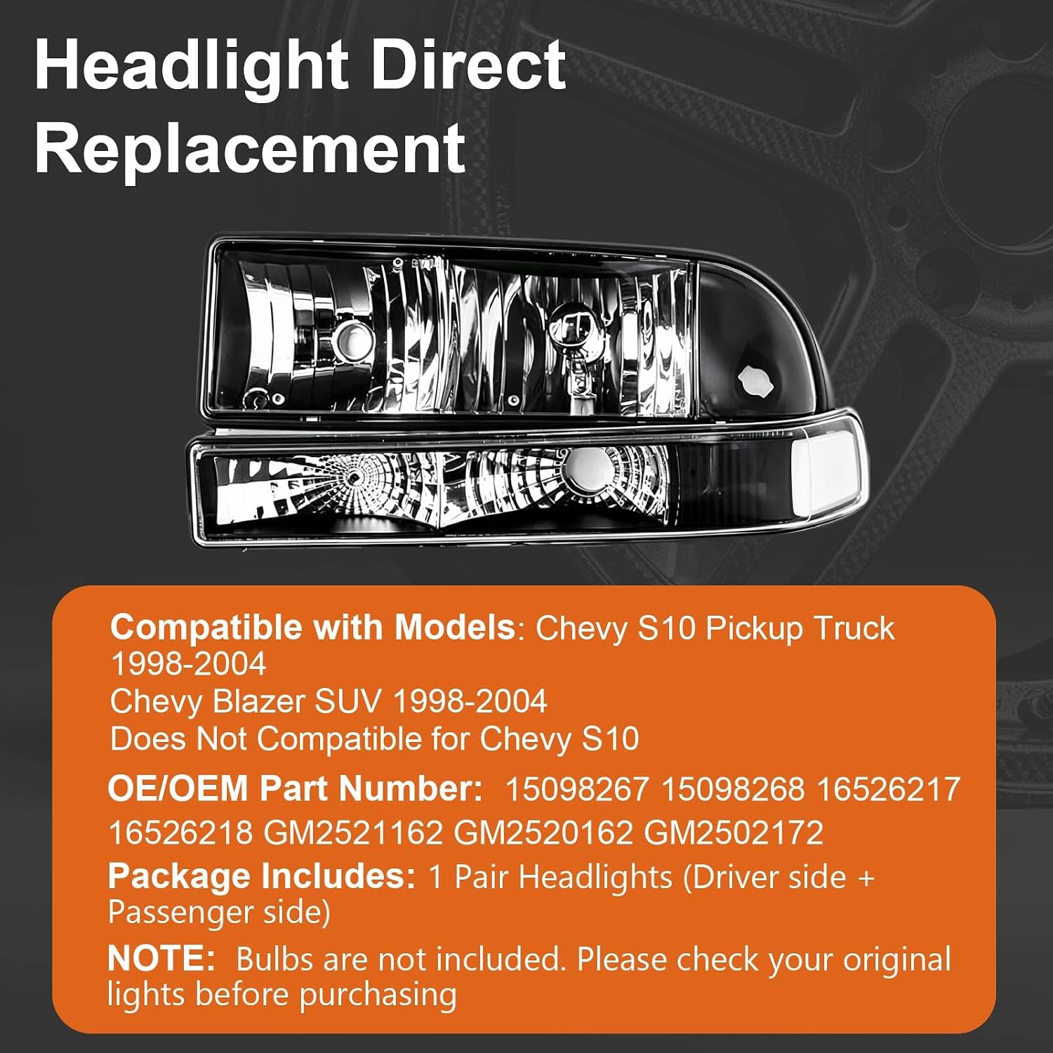 Headlight Assembly for 1998-2004 Chevy S10 / Blazer Headlight Housing Set