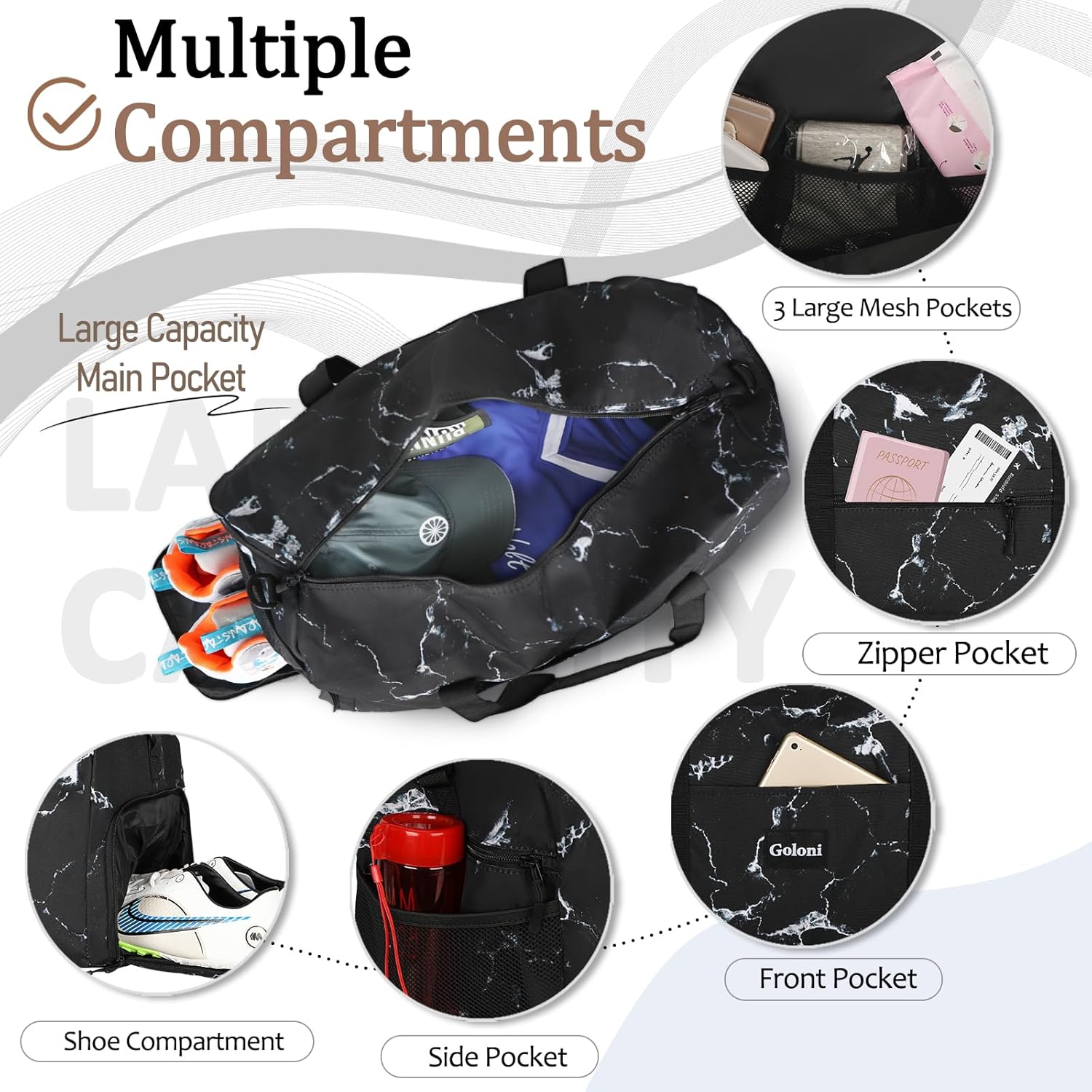 Goloni Cute Duffle Bag for Women, Gym Bag with Shoe Compartment, Lightweight Weekend Travel Duffel Bag,Overnight Bag with Wet Pocket Black Marble image 2 of 6 B0CRTVX9T4