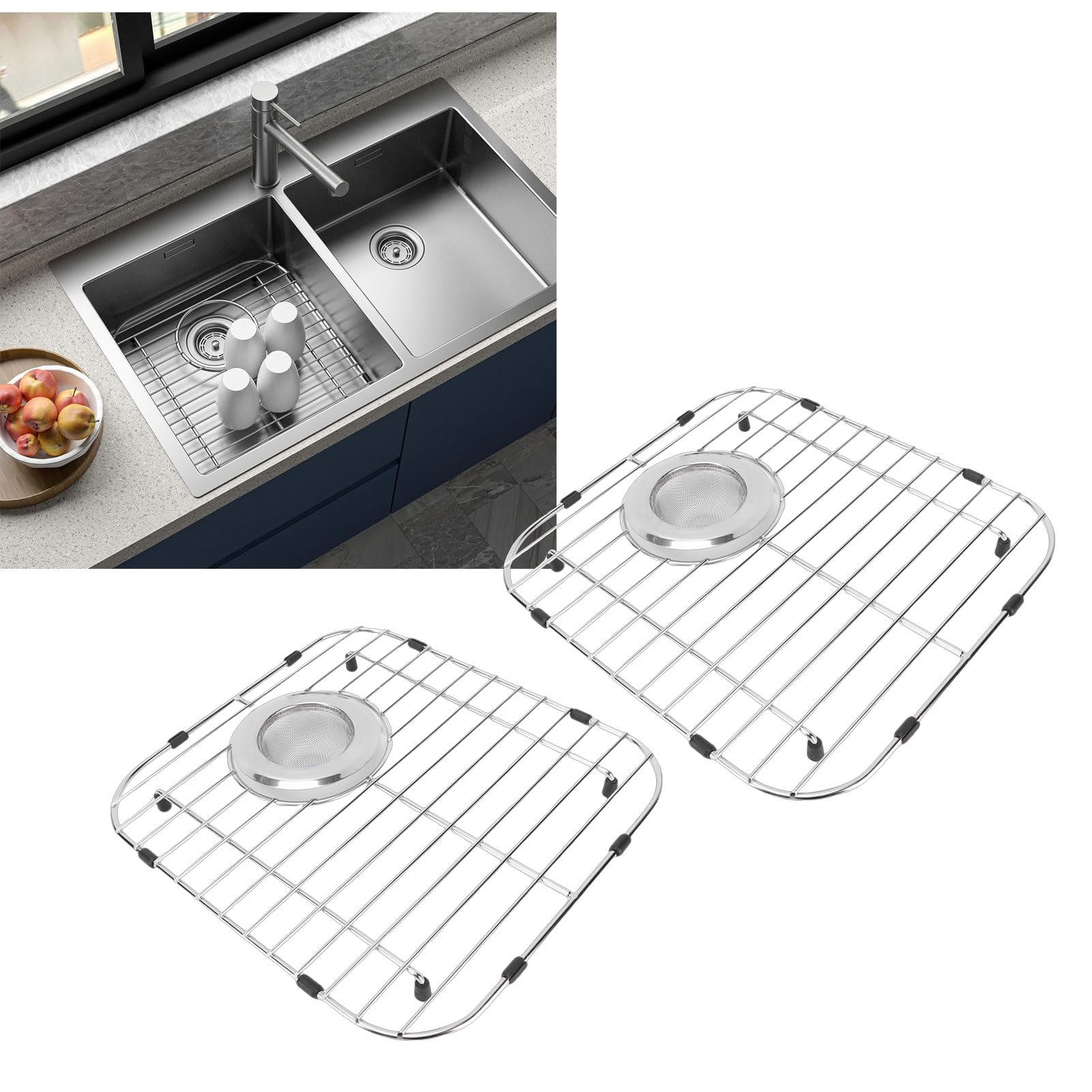 Cocoarm Griglia per Lavello in Acciaio Inossidabile, Resistente Griglia Protettiva per Lavello da con Filtro e Poggiapiedi, 13,12x11,81 Pollici per Uso Domestico