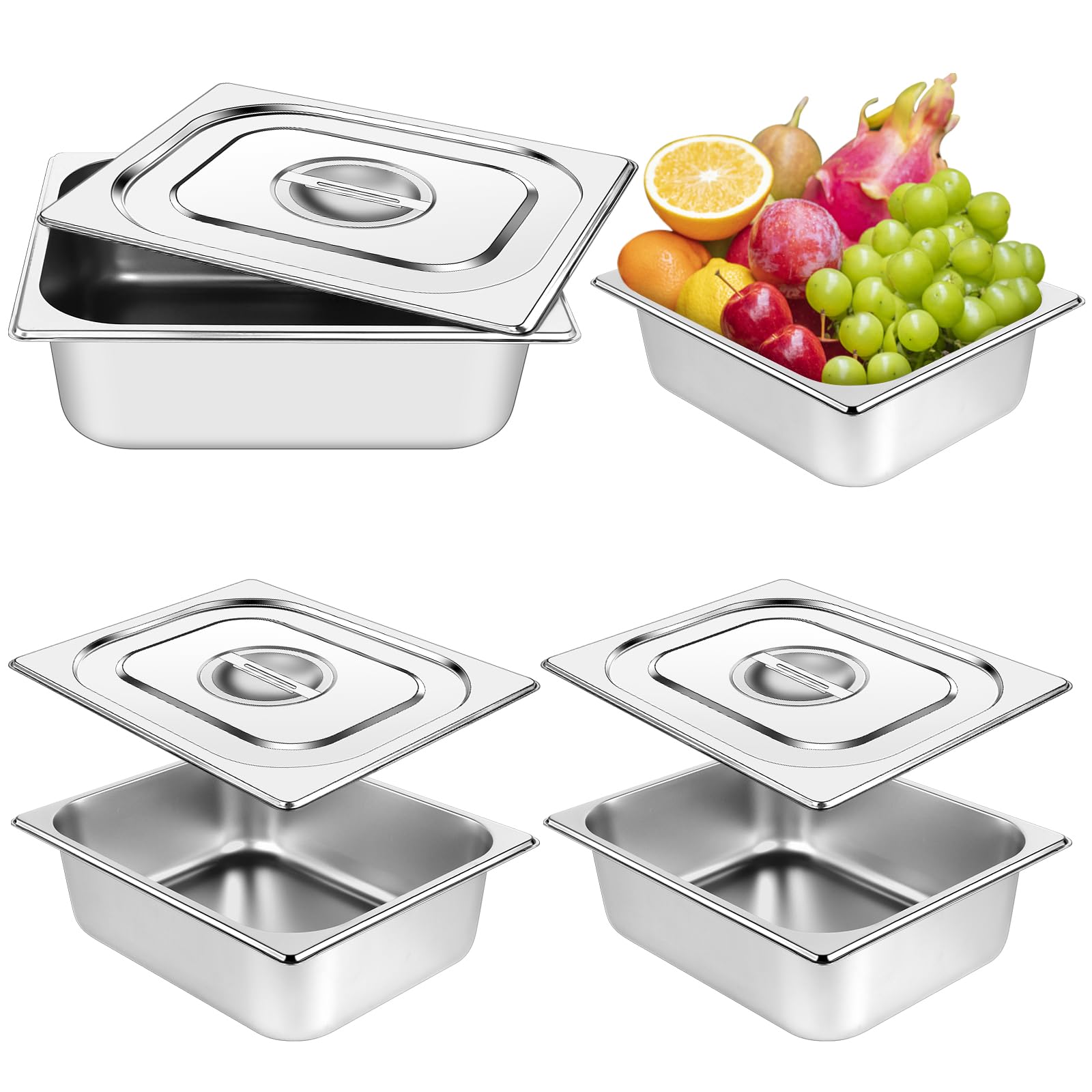Set di 3 contenitori Gastronorm in acciaio inox, 1/2, profondità 100, 240, 300 mm, con coperchio, 3,5 l, in acciaio inox, set di utensili da portata per catering (profondità 100 mm con