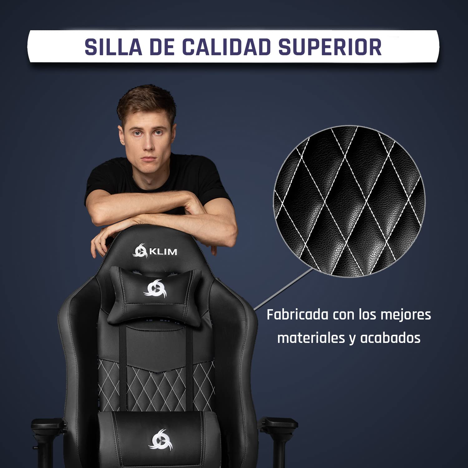 KLIM Esports Silla Gaming Ergonómica + con Soporte Lumbar y Cervical + Reclinable + Silla de Escritorio Ajustable + Piel Sintética y Materiales Premium + Silla Gamer Negra [Nueva VERSIÓN]