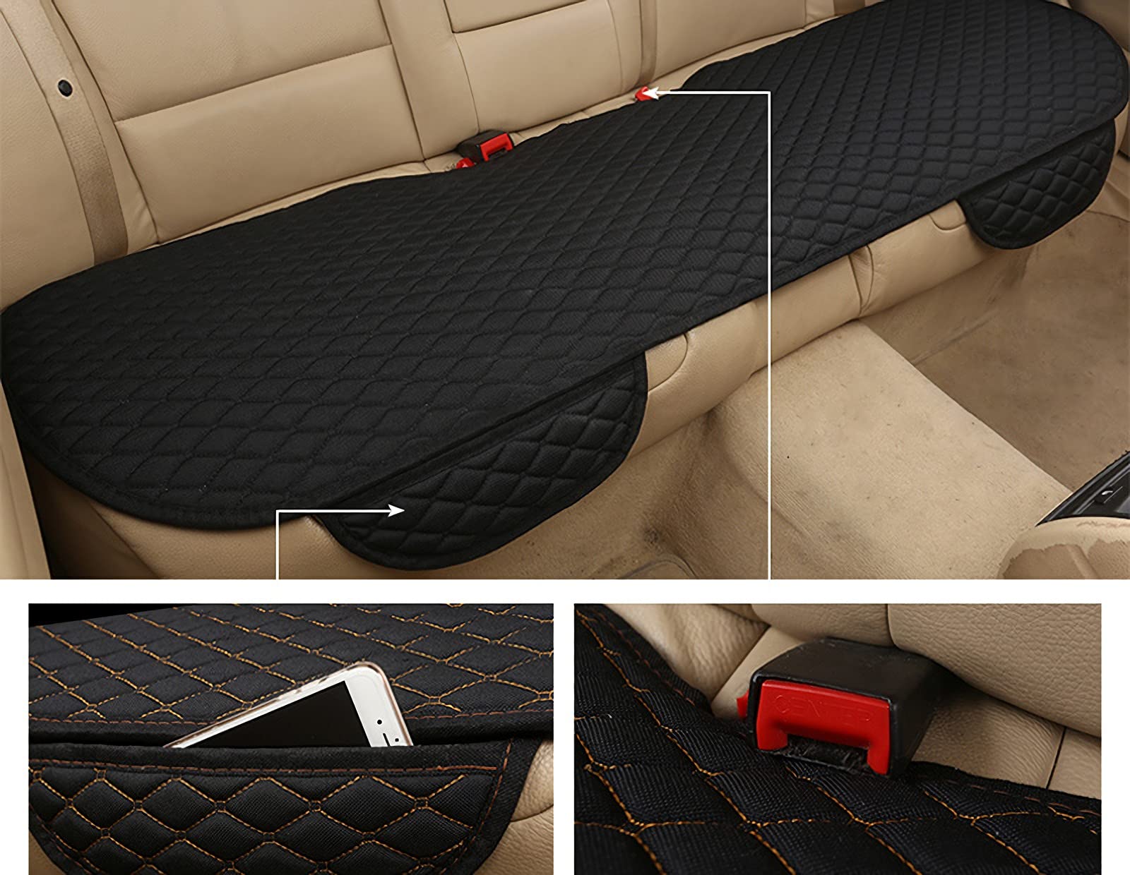 Juego completo de fundas protectoras para asientos delanteros y traseros de coche, tela de lino, tamaño universal (delantero + trasero), 3 piezas, beige)