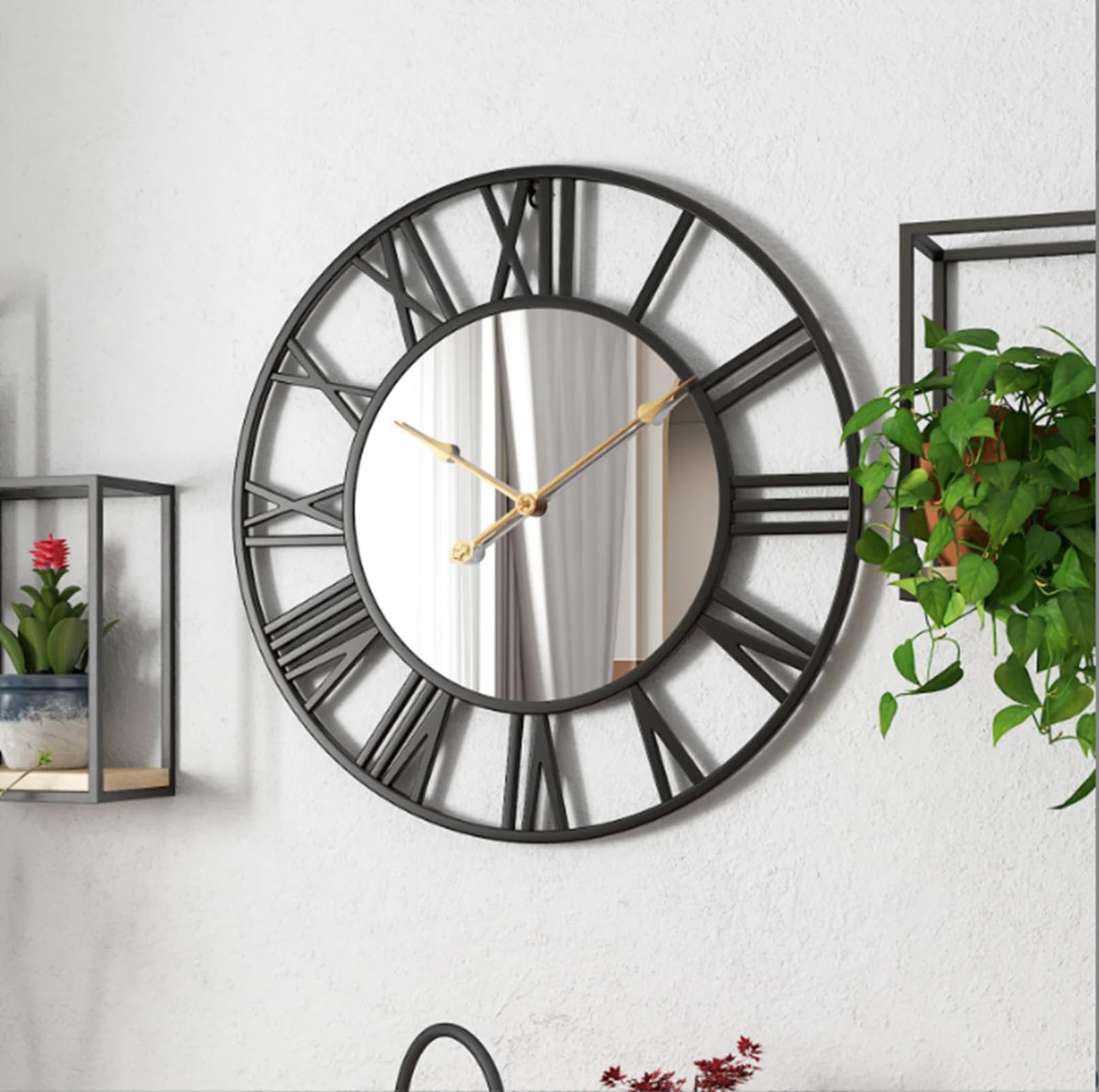 ACCENT COLLECTION Black Mirror Metal Wall Clock, 60 cm, Silent Clock for Living Room, Bedroom or Office