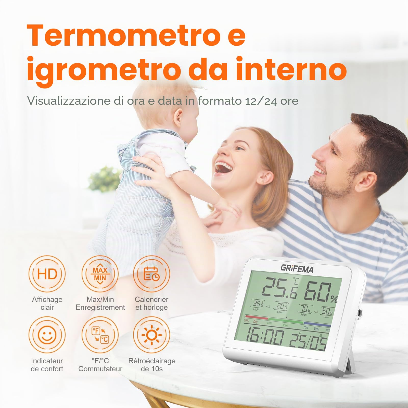 GRIFEMA GA2901 Termometro Igrometro Digitale con Retroilluminazione, Registrazione Max/Min, Bianco