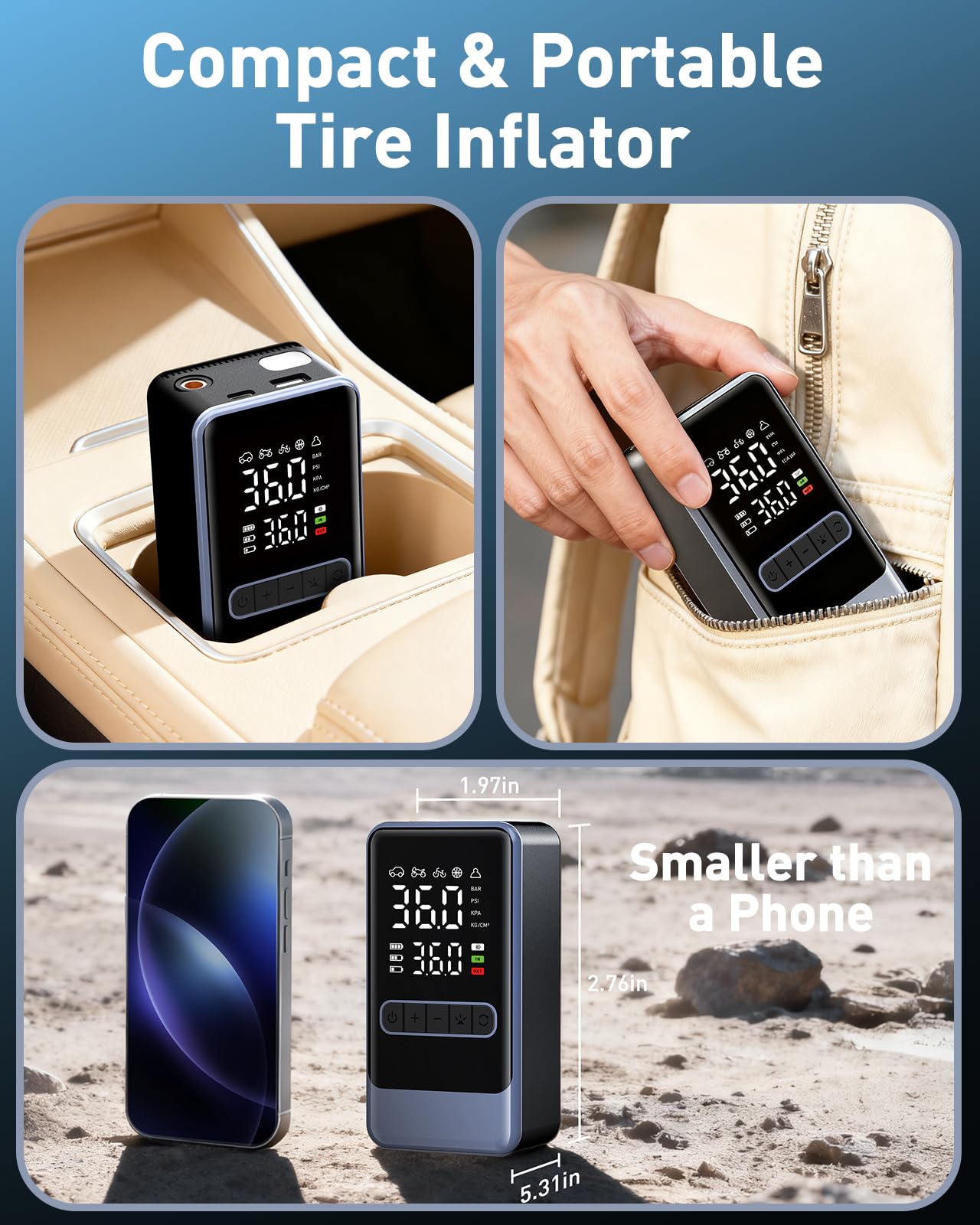 Tire Inflator Portable Air Compressor, 150PSI Cordless Air Pump for Car Tires, Electric Bike Tire Pump with Digital Pressure Gauge and LED Light, Portable Tire Inflator for Car, Moto, Bicycle