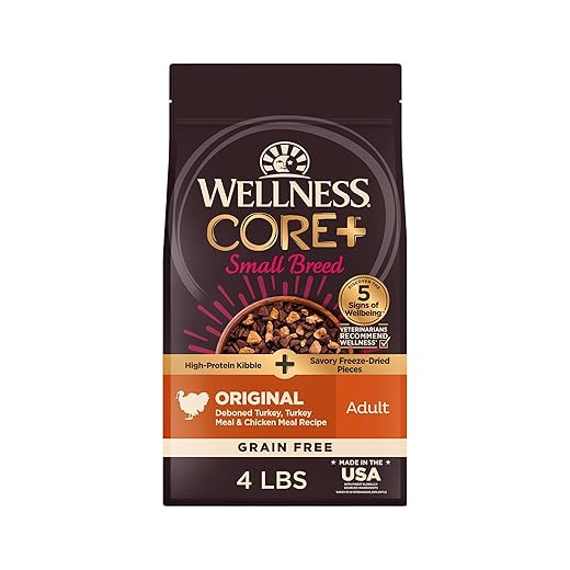 Wellness CORE+ Dry Dog Food with Freeze Dried Pieces, Small Breed, Grain Free, High Protein, Natural, Original Turkey & Chicken Recipe, (4-Pound Bag)