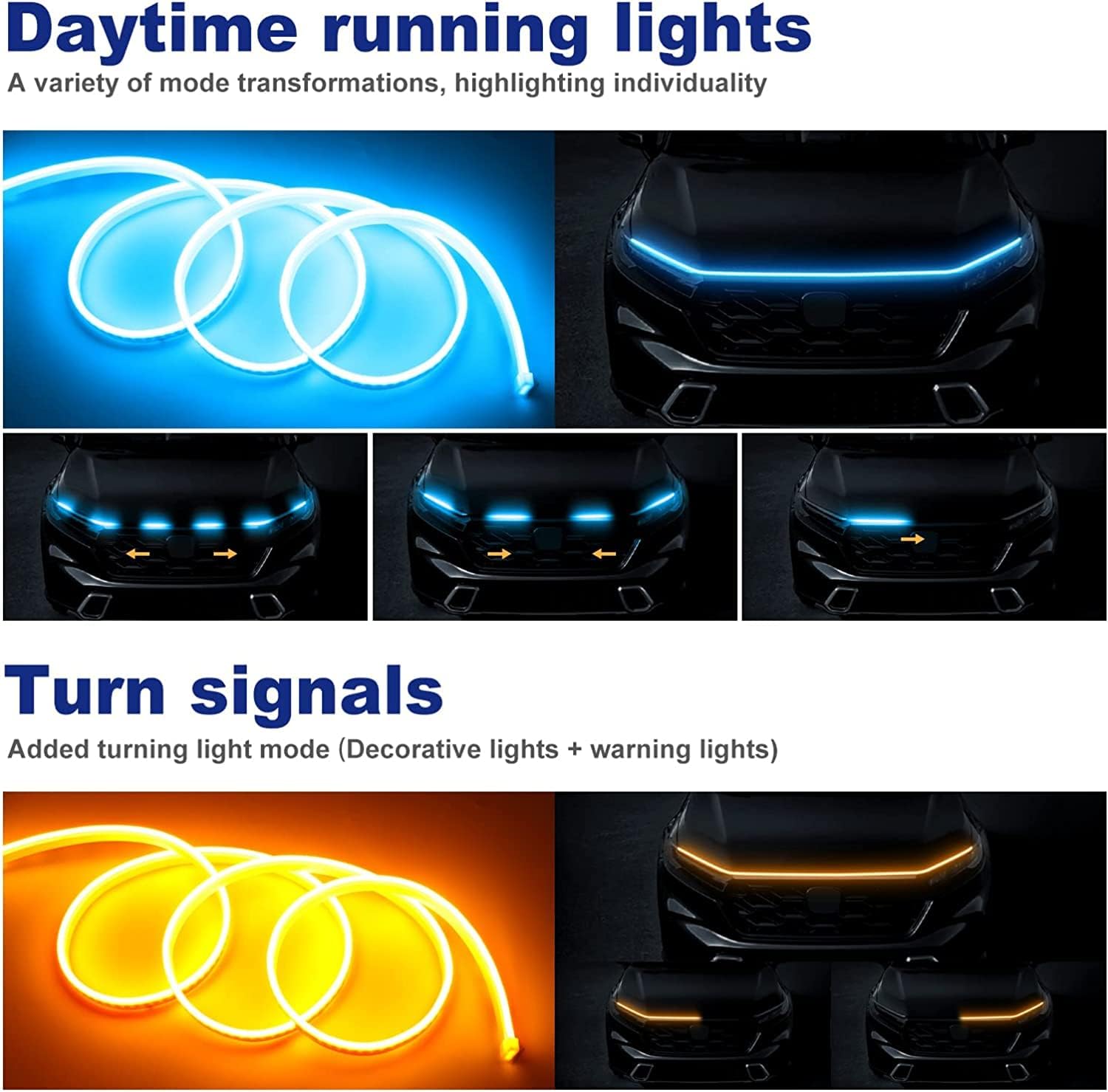 Cuttable LED Car Under Hood Light Strip Automotive Engine LED Strips Turning Light Guide Decorative Waterproof IP66 Daytime Exterior Decoration Accessories DC 15V Light Blue & Yellow 78.8in