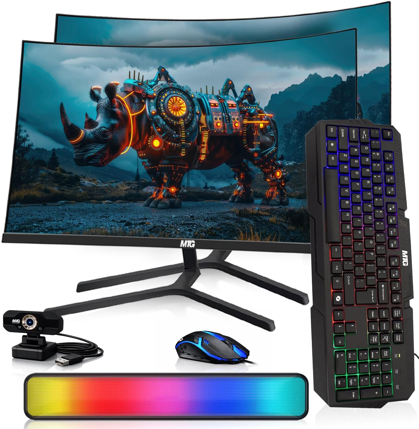 MTG Dual 32" Curved Monitor Full HD 1080P Frameless Screen, HDMI DP USB Audio, Low Motion Blur, VESA Mount, Webcam with RGB Keyboard Mouse & Soundbar Combo, Computer Monitor for Gaming, Home, Office