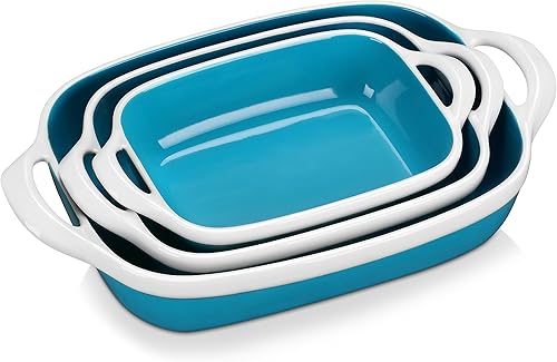 LOVECASA Juego de 3 cacerolas para horno, platos de cerámica para hornear, sartenes rectangulares para lasaña profundas con asas, moldes para