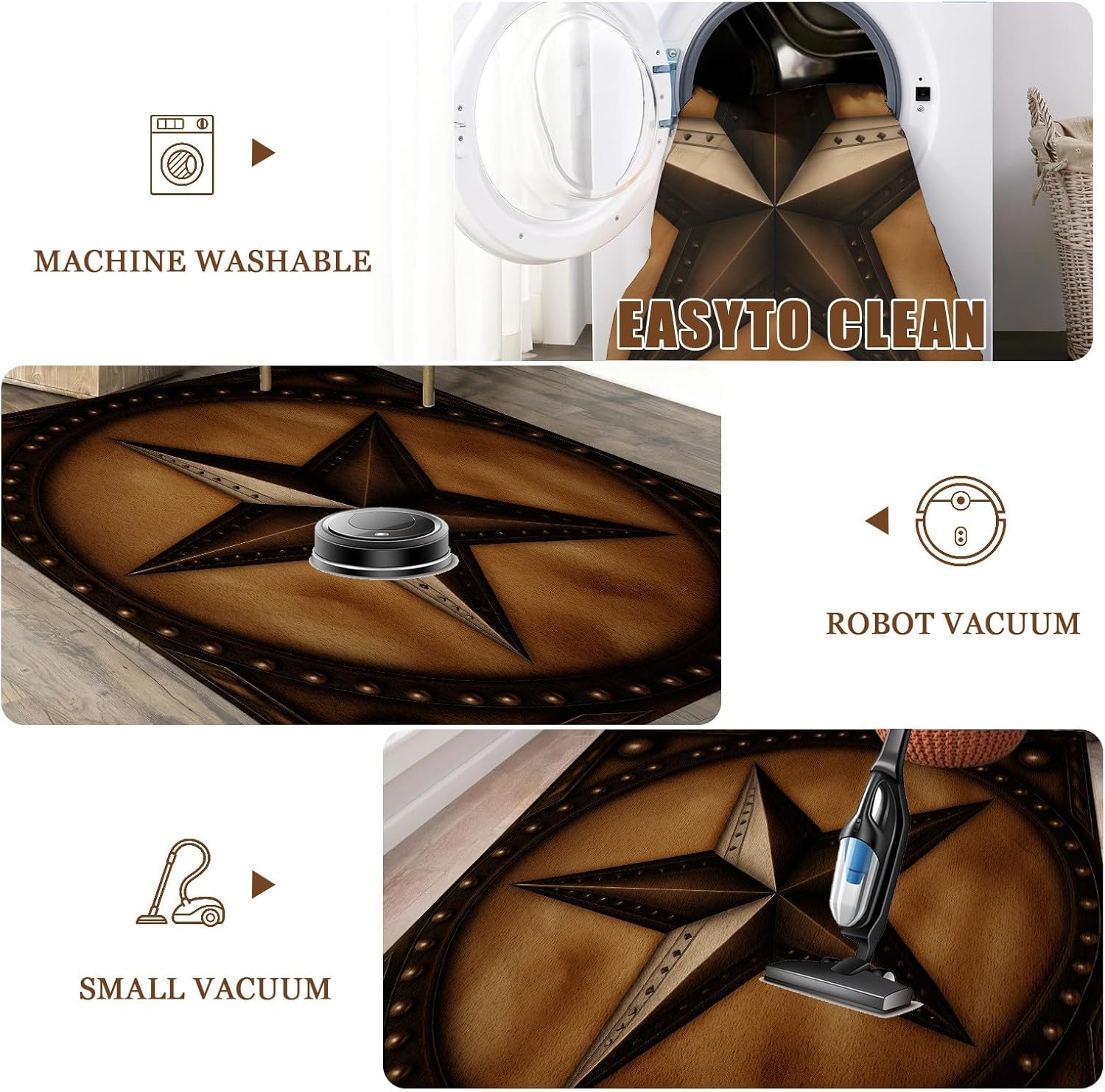 Western Rug 5x7, Metal Texas Star Area Rugs, Retro Rustic Country Rug, Washable Non-Slip Low Pile Farmhouse Barn Carpet for Living Room Bedroom Kitchen Home Decor, Brown