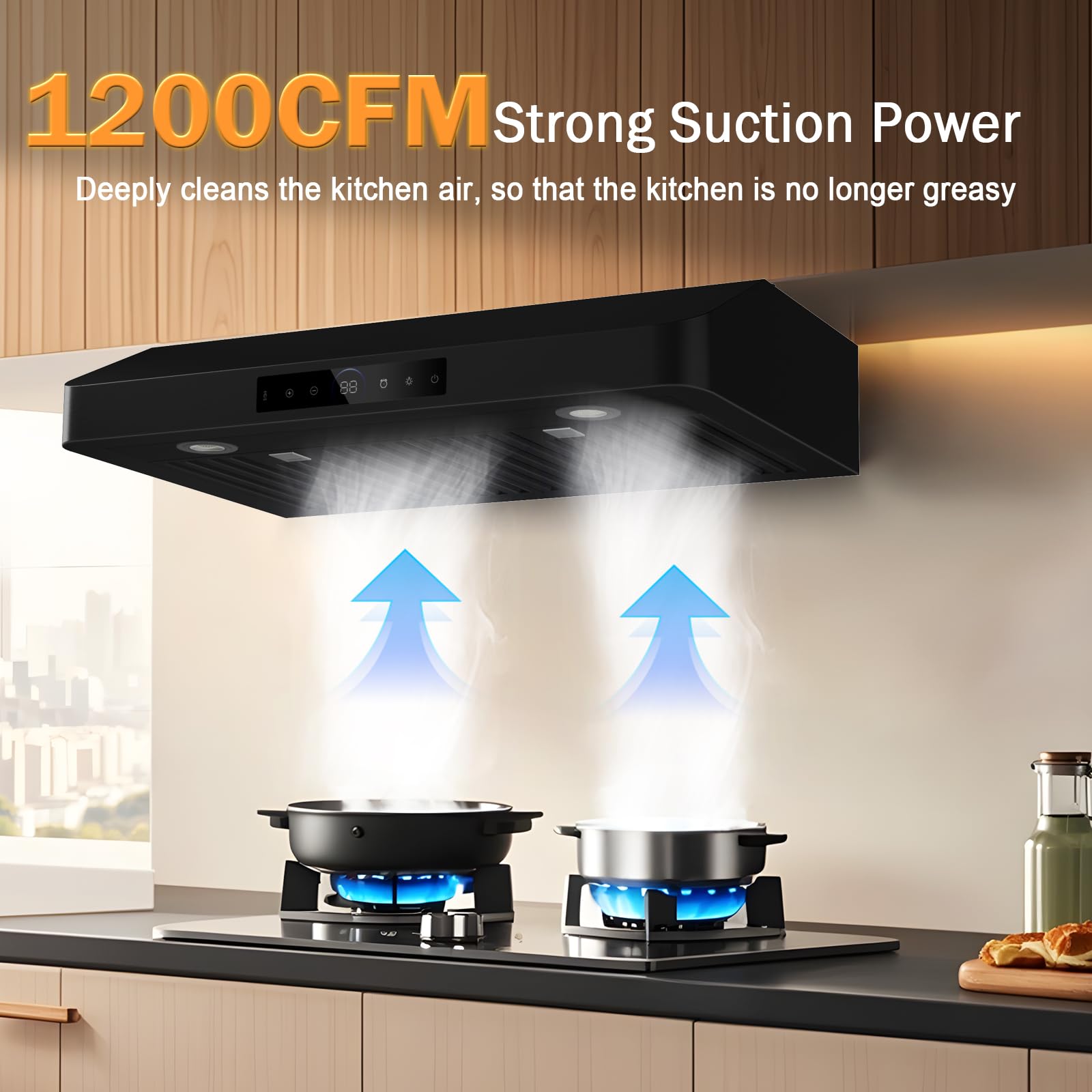 Condition photo showing New/Like New for black 30 inch under cabinet range hood 1200 cfm, kitchen vent hoods | smart control, delayed shutdown, ultra-quiet, easy installation, 340 stainless steel, easy to clean, dual-duct installation