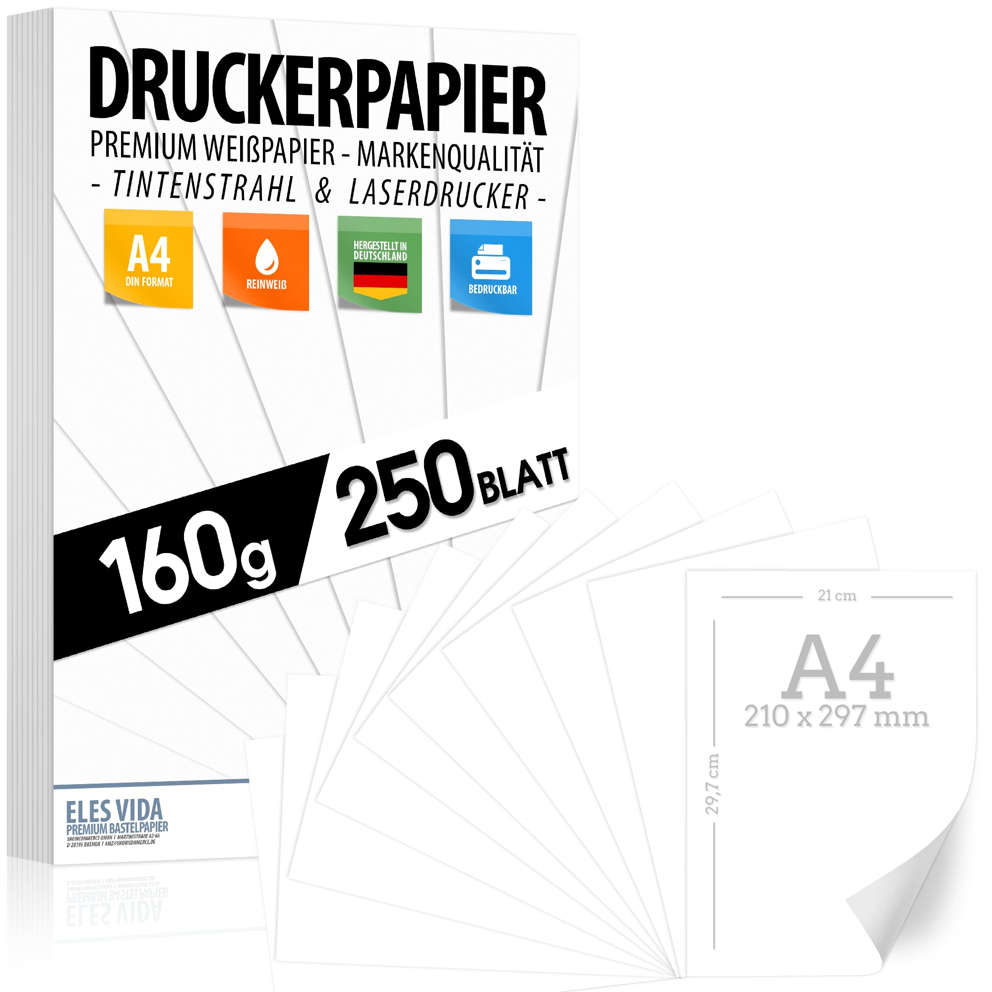 Papier do drukarki A4 160 g biały - 250 arkuszy – papier premium czysta biel – DIN A4-21 x 29,7 cm – gruby papier rysunkowy, bez nadruku, do fotografii, prezentacji, majsterkowania, wysokiej jakości