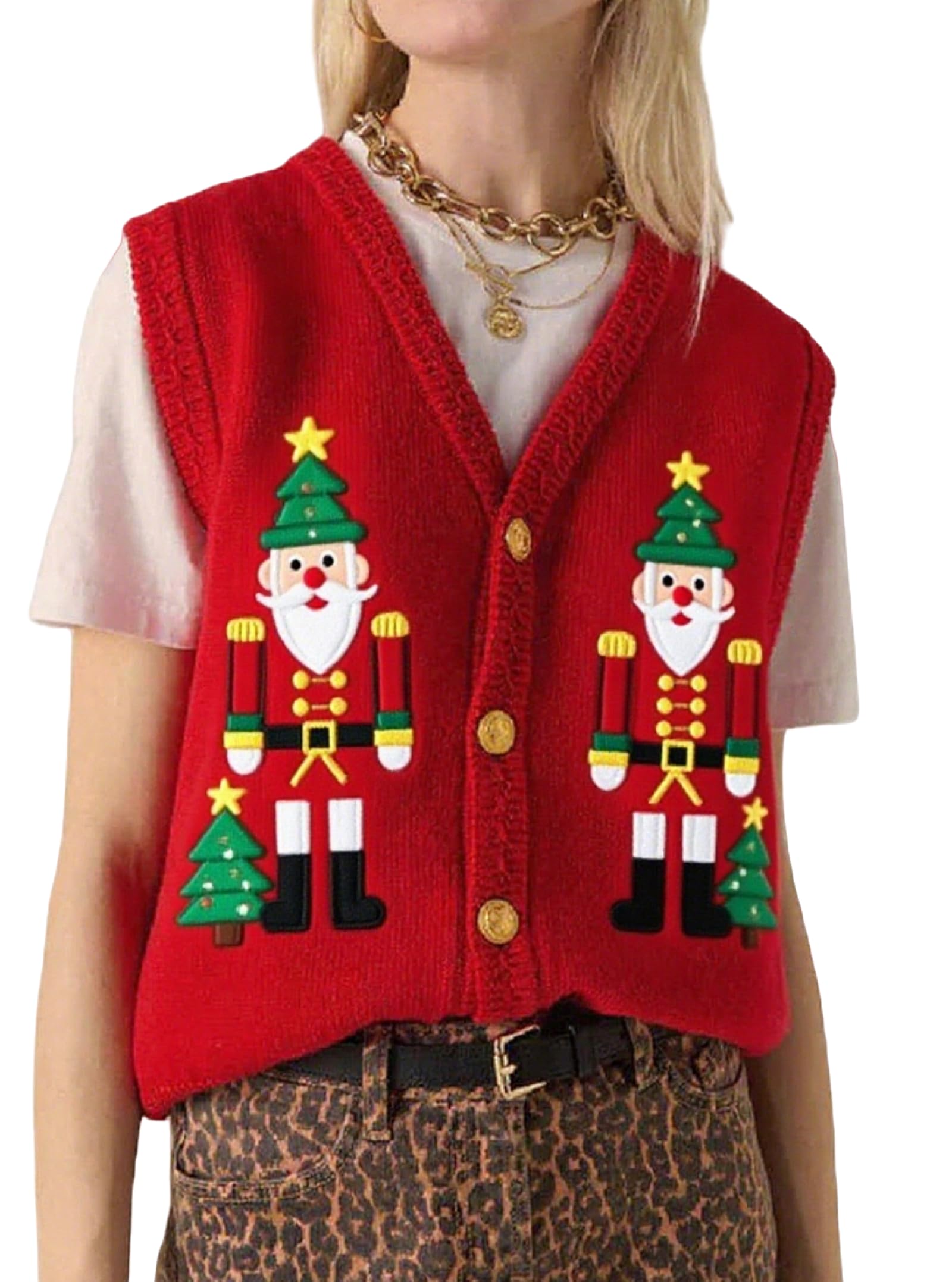 Women Christmas Embroidered Vest Nutcracker Sleeveless Sweater Vests Xmas Holiday Knit Button Down Tank Tops