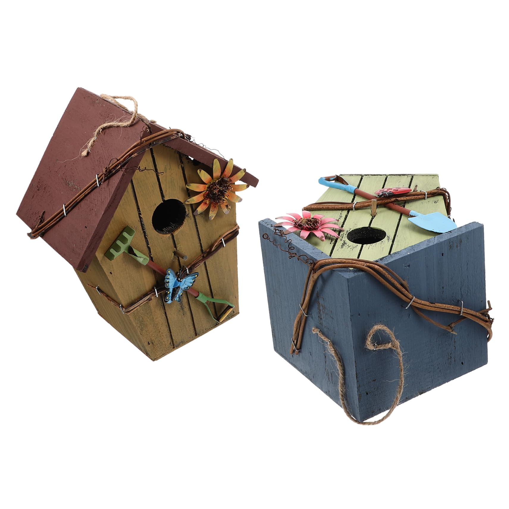 WOONEKY Casetta Uccellini in Legno Sospesa 2 Pezzi per Pappagalli | Forma Casa, per Esterno e Giardino, Accessorio Decorativo, Adatta a Piccoli Uccelli