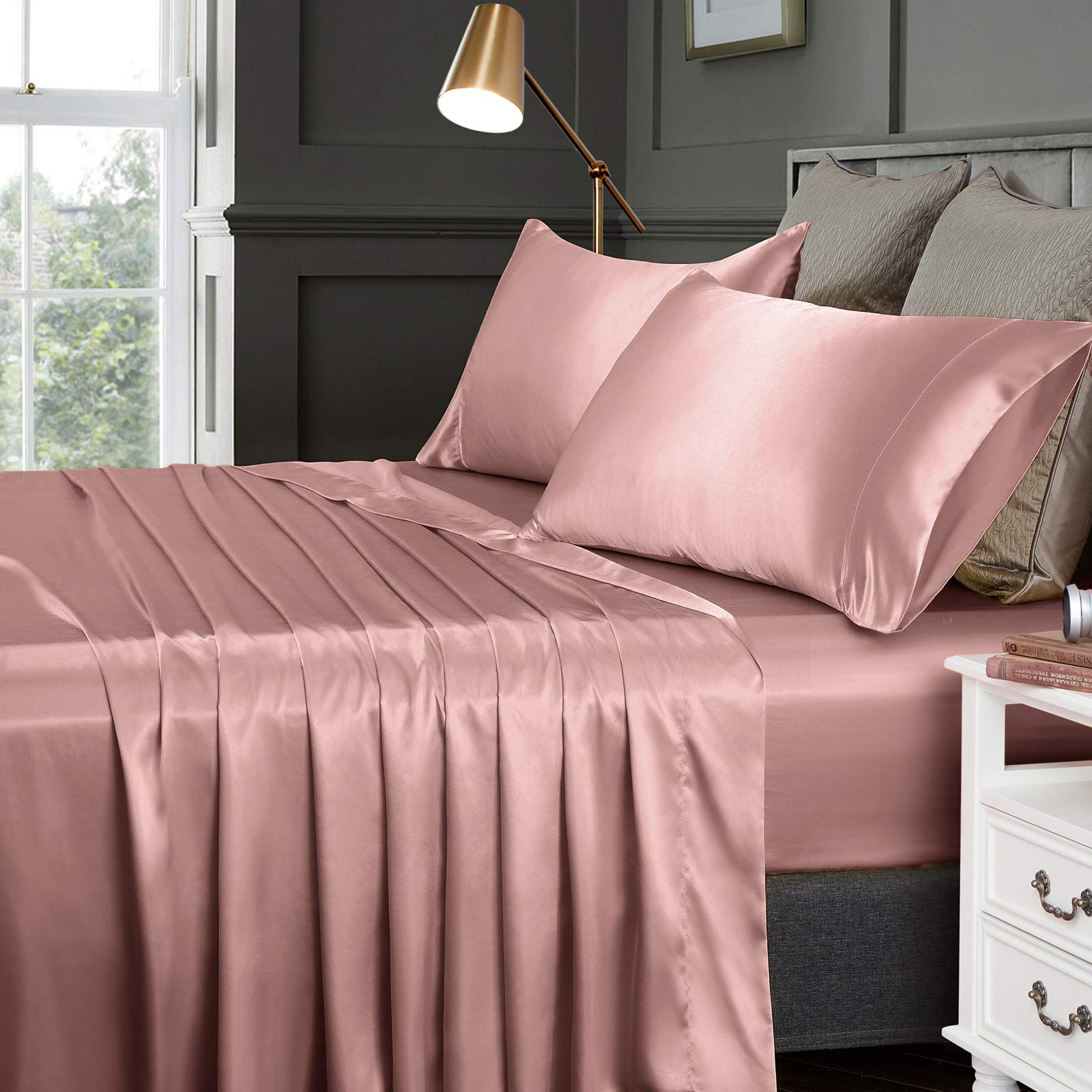 サテンベッドシーツセット 4ピース クイーンサイズ シルキー 寝具セット Amazon｜DECOLURE サテンベッドシーツ - 4ピース ラグジュアリー
