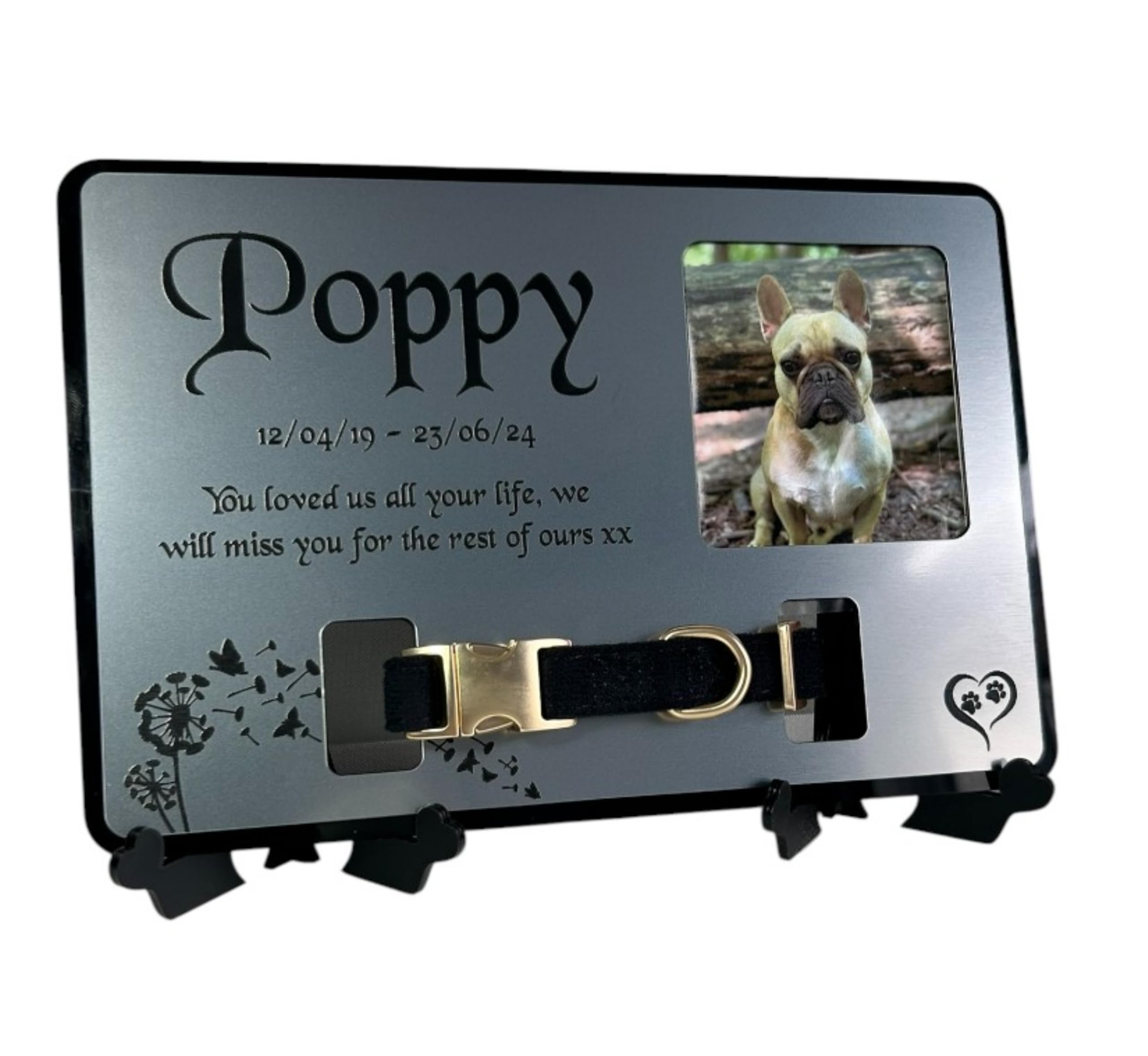 Personalised Pet Memorial Collar Tribute Plaque, Picture Frame, Dog, Cat, with Glass Fur Bottle, Memorial Plaque, Photo Quality Image with collar mount (Silver)