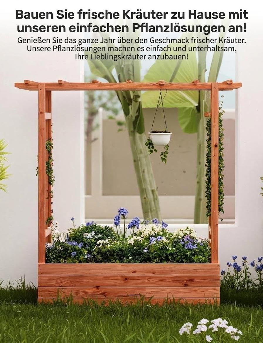 Acekool Hochbeet Mit Rankgitter & Dach, Für Kletterpflanzen & Weinreben | Blumenkasten Mit Spalier & 4 Abflusslöchern, Pflanzkasten Aus Holz, Vertikaler Pflanzer