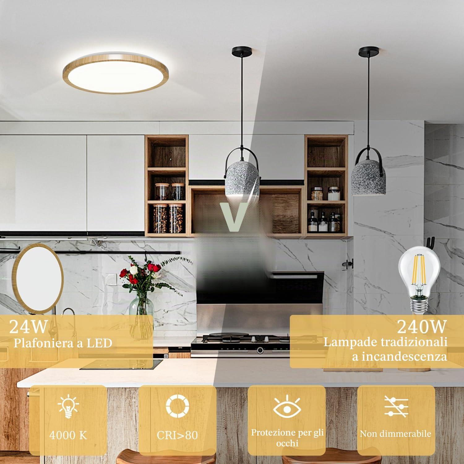 Plafoniera a LED piatta, rotonda, in legno, 24 W, 4000 K, per soggiorno, camera da letto, ufficio, cucina, bagno, corridoio, balcone, ragazza, cameretta dei bambini, diametro 30 cm