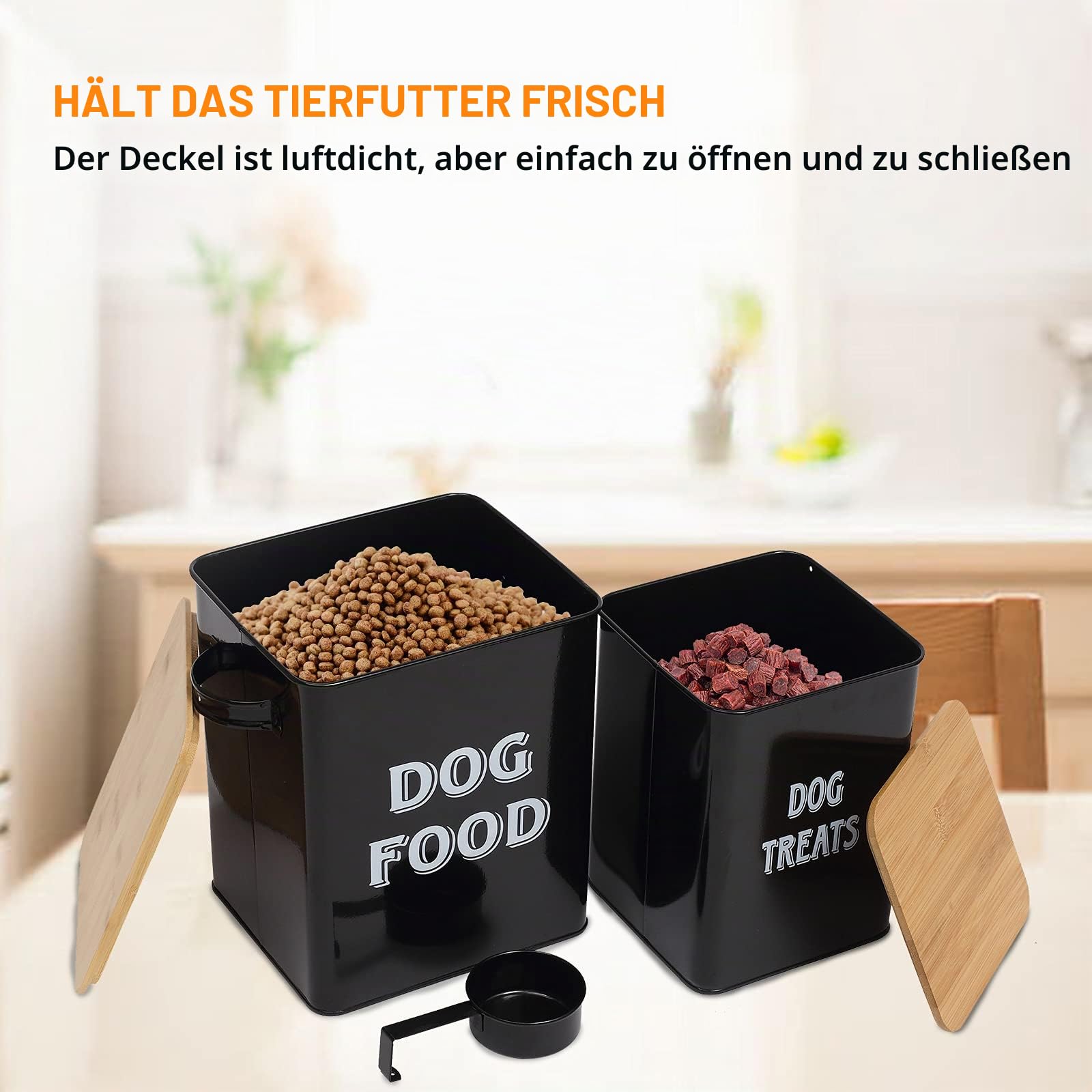 Morezi Tierfutterbehälter, hundefutter aufbewahrungsbox,hundefutter behälter mit Schaufel und luftdichtem Holzdeckel, Aufbewahrung von Lebensmitteln und organisations-schwarz