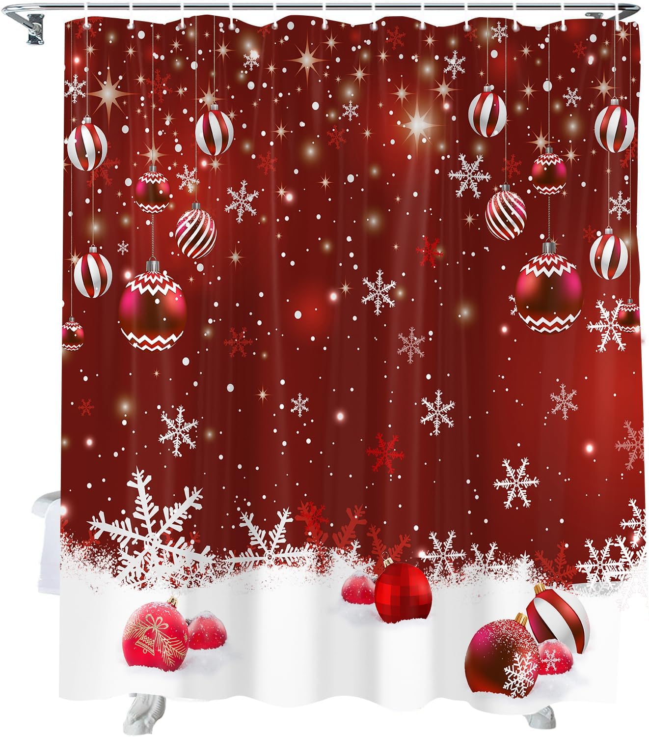 Paopoed Christmas Shower Curtain, Red Christmas Snowflakes