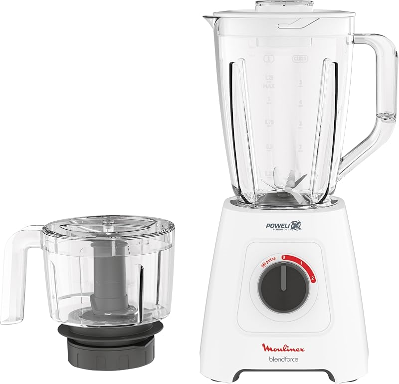 Moulinex LM42X2EG Blendfroce, Blender, 800 Watts, Jar 2 Liters, 2 Speeds and Pulse, XL Chopper 550 ML, Ice Crush, Powelix Blades, White
