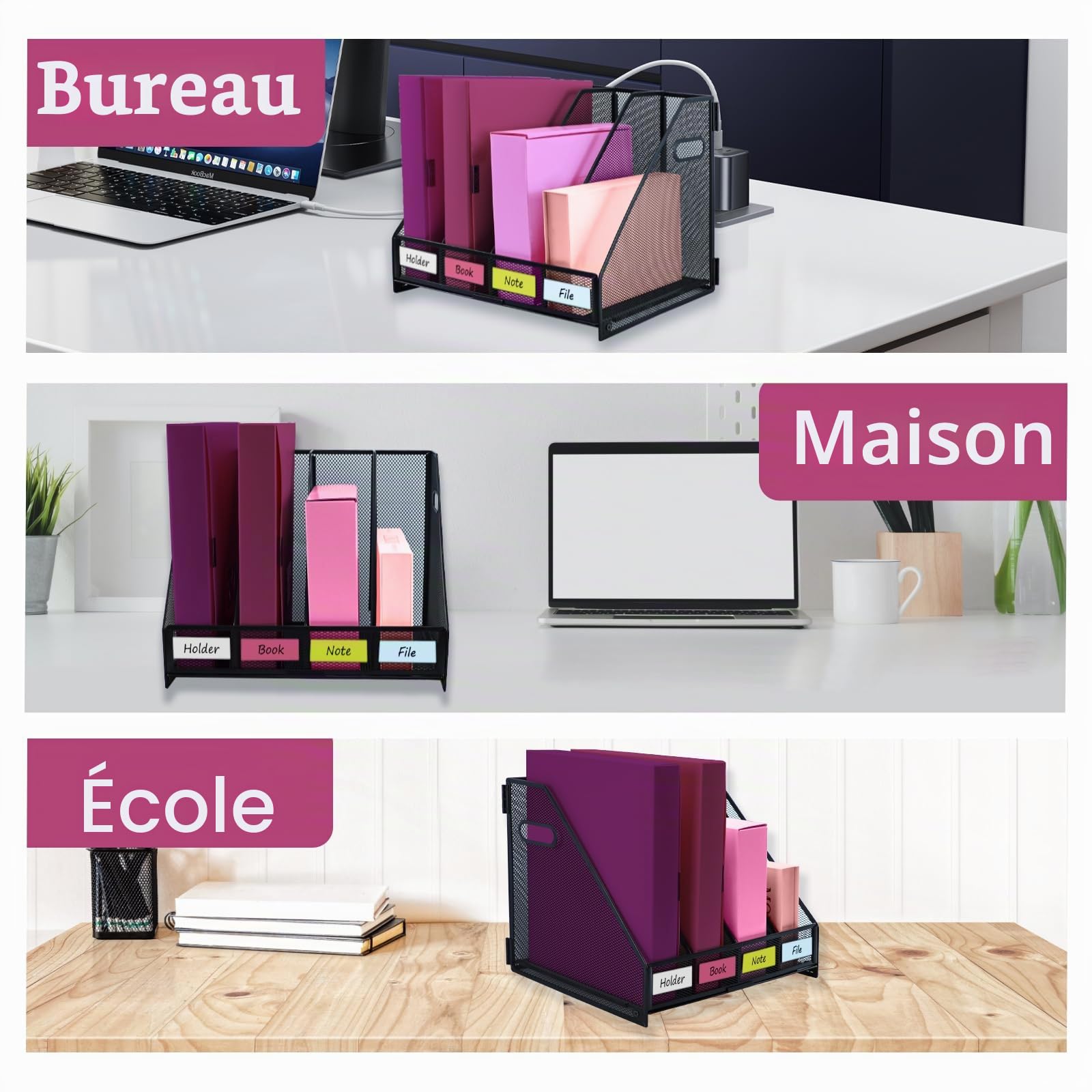 Porte-revues pliable en Métal robuste - Vertical Corbeilles à Courrier A4 Banette de Rangement, Classeur sur pied peu encombrant avec 4 compartiments pour le bureau et la maison, Noir