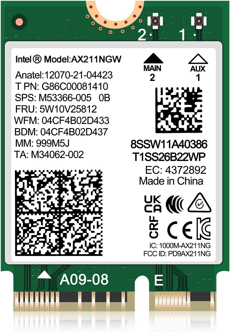 WiFi 6E Wireless Card Intel AX211 NGW. Only Support CNVio2 Protocol and Intel 12/13th Generation CPU, Bluetooth 5.3, Tri-Band 5400Mbps, Network Adapter for Laptop Support Windows 10/11 (64bit),Linux.
