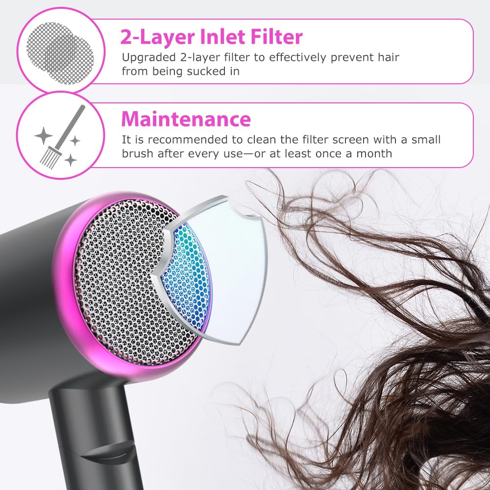 Secador de Pelo Iónico 2400W con Bolsa de Viaje, [Ligero, Alta Velocidad & Plegable] Set de peinado con concentrador/difusor/peine de volumen, Secadores de pelo Hair Dryer para uso Doméstico y Viaje