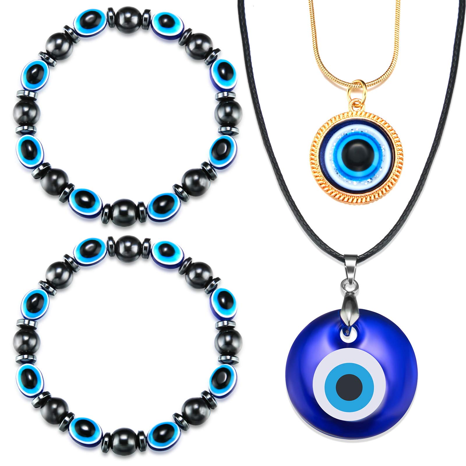 Hicarer4 Pieces Evil Eye Pendant Necklace Glass Faux Leather Rope Chain Turkish Protect Lucky Necklace with Evil Eye Bracelets for Valentine's Day Women Men, resin and plastic, resin and plastic