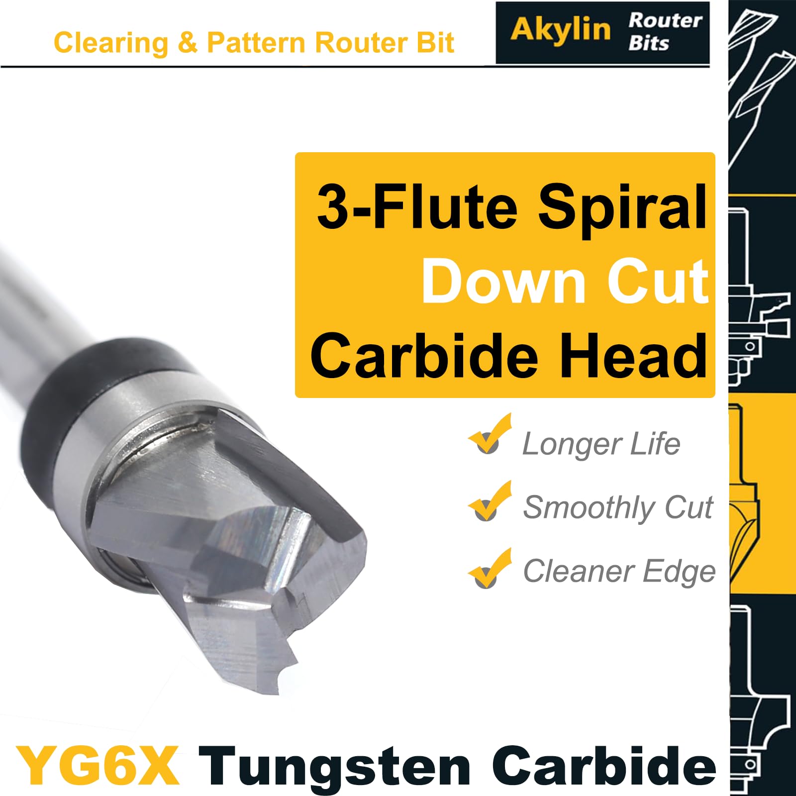 Solid Carbide Spiral Flush Trim Router Bits, 3-Flutes Down Cut Clearing & Pattern Router Bit - Image 4